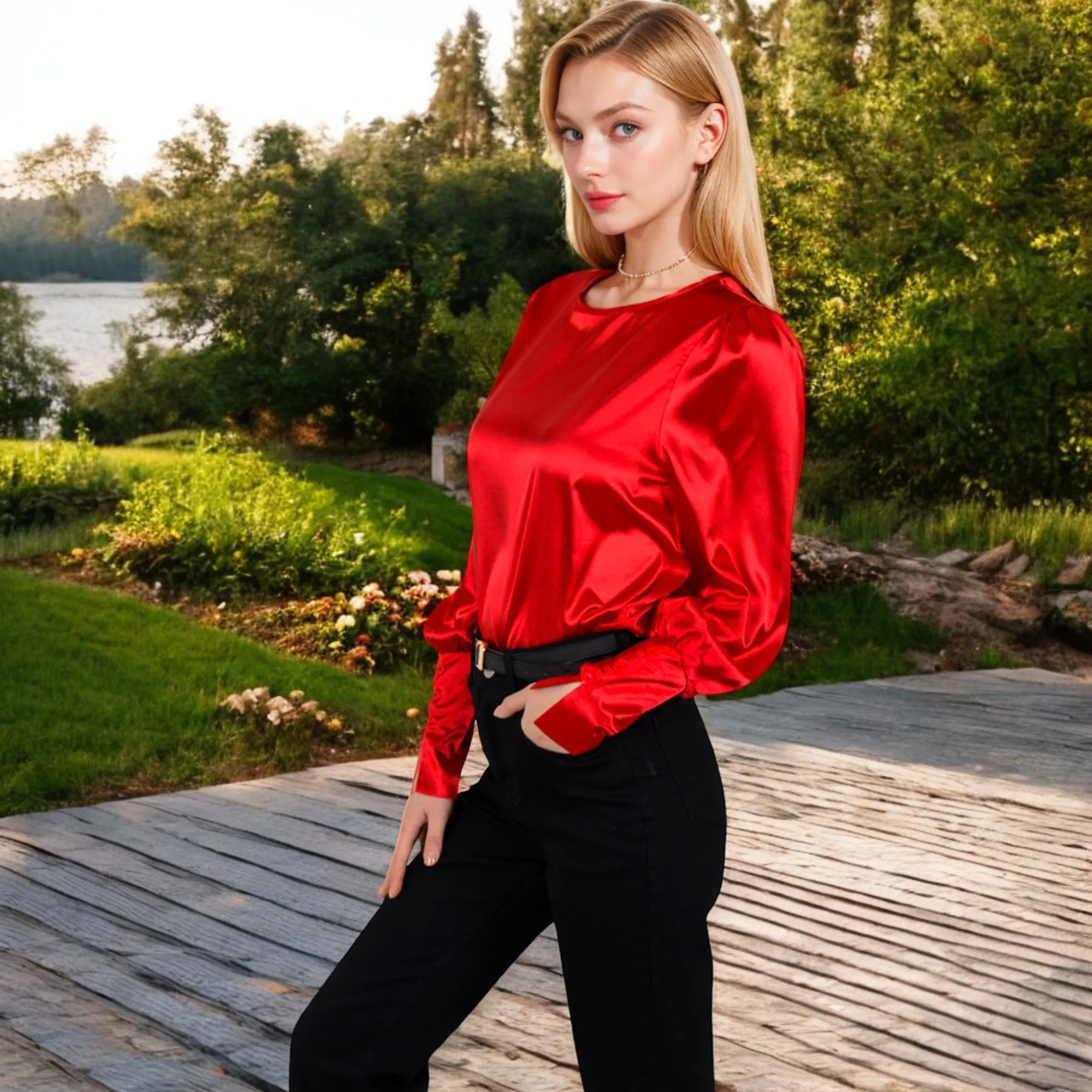 Anna-Kaci Women's Satin Long Sleeve Blouse with Buttoned Cuffs and Subtle Puff Shoulders