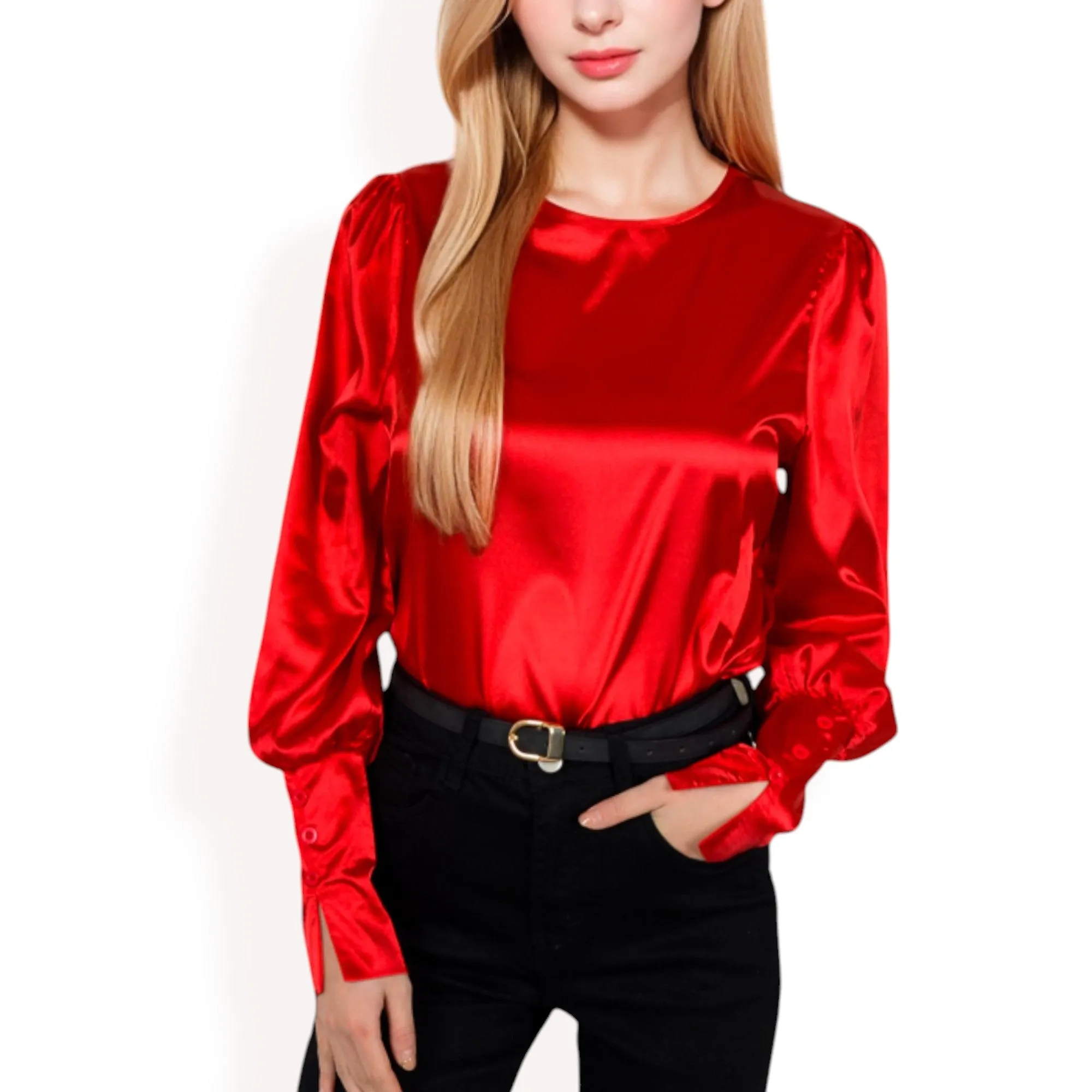 Anna-Kaci Women's Satin Long Sleeve Blouse with Buttoned Cuffs and Subtle Puff Shoulders