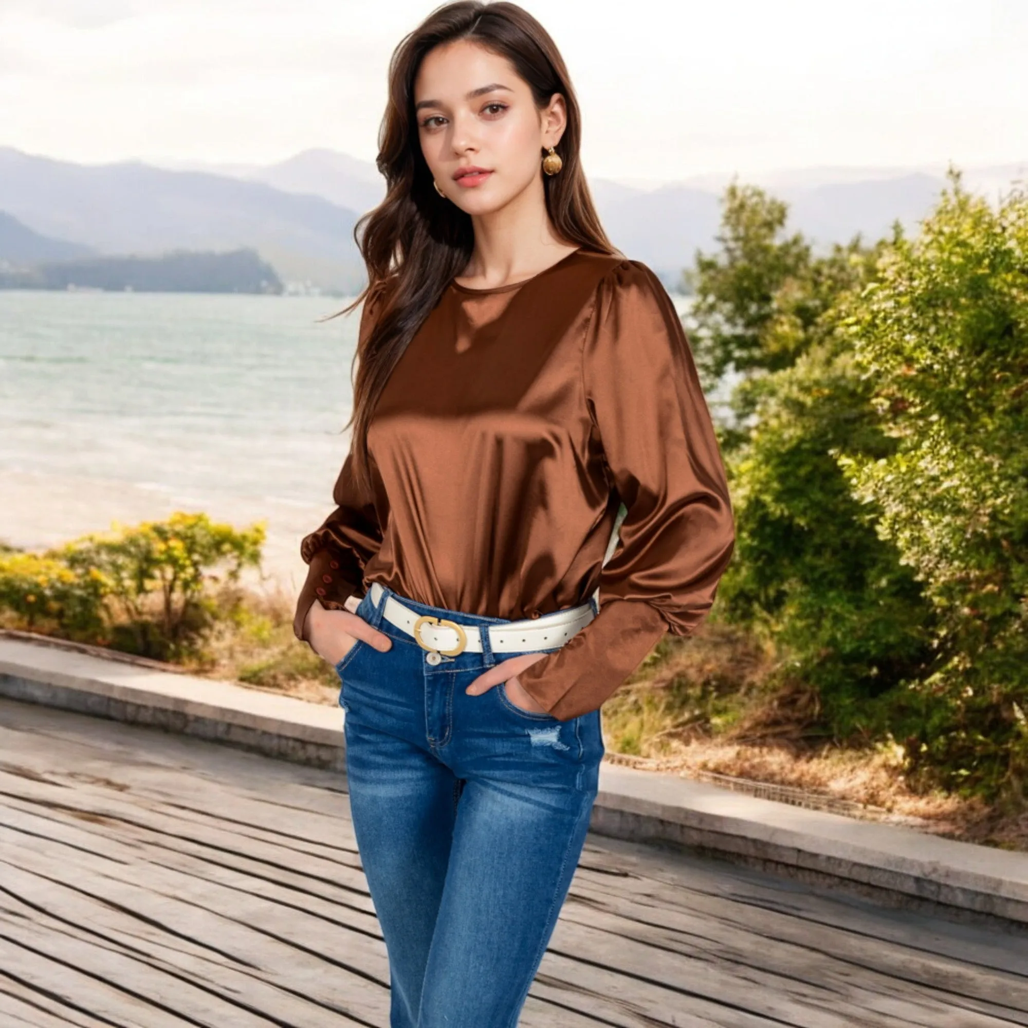 Anna-Kaci Women's Satin Long Sleeve Blouse with Buttoned Cuffs and Subtle Puff Shoulders