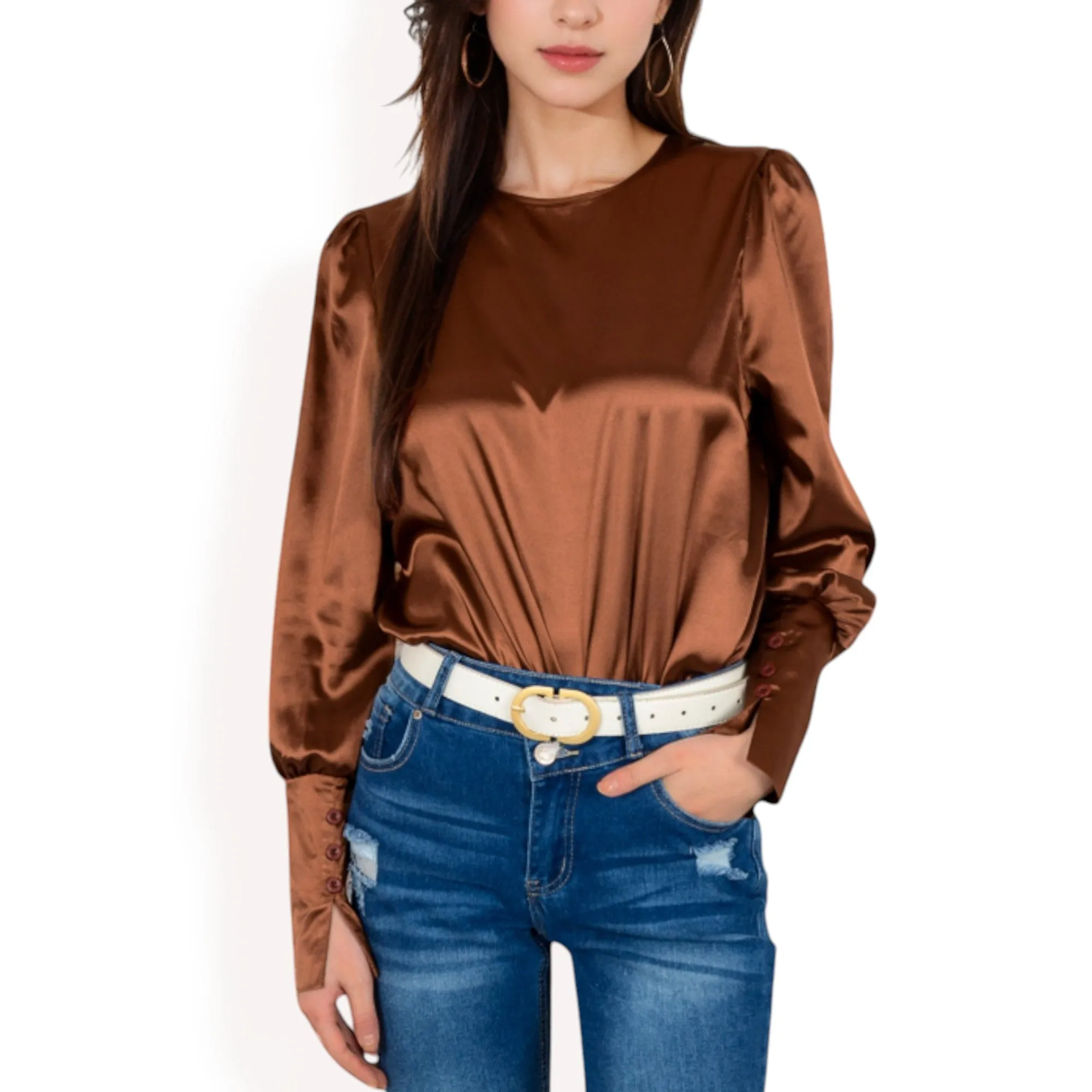 Anna-Kaci Women's Satin Long Sleeve Blouse with Buttoned Cuffs and Subtle Puff Shoulders