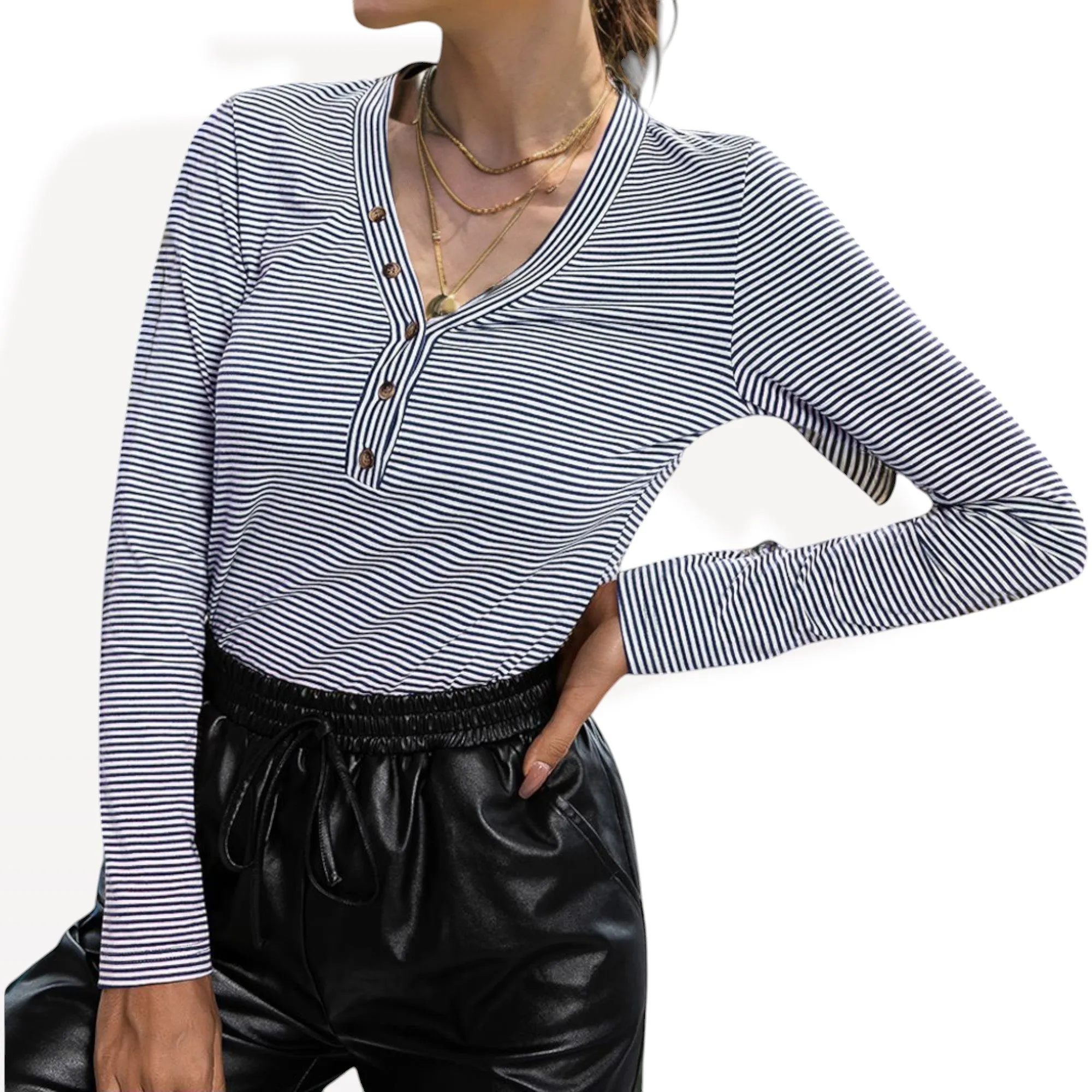 Anna-Kaci Women's Striped Long Sleeve V-Neck Henley Top with Button Detail