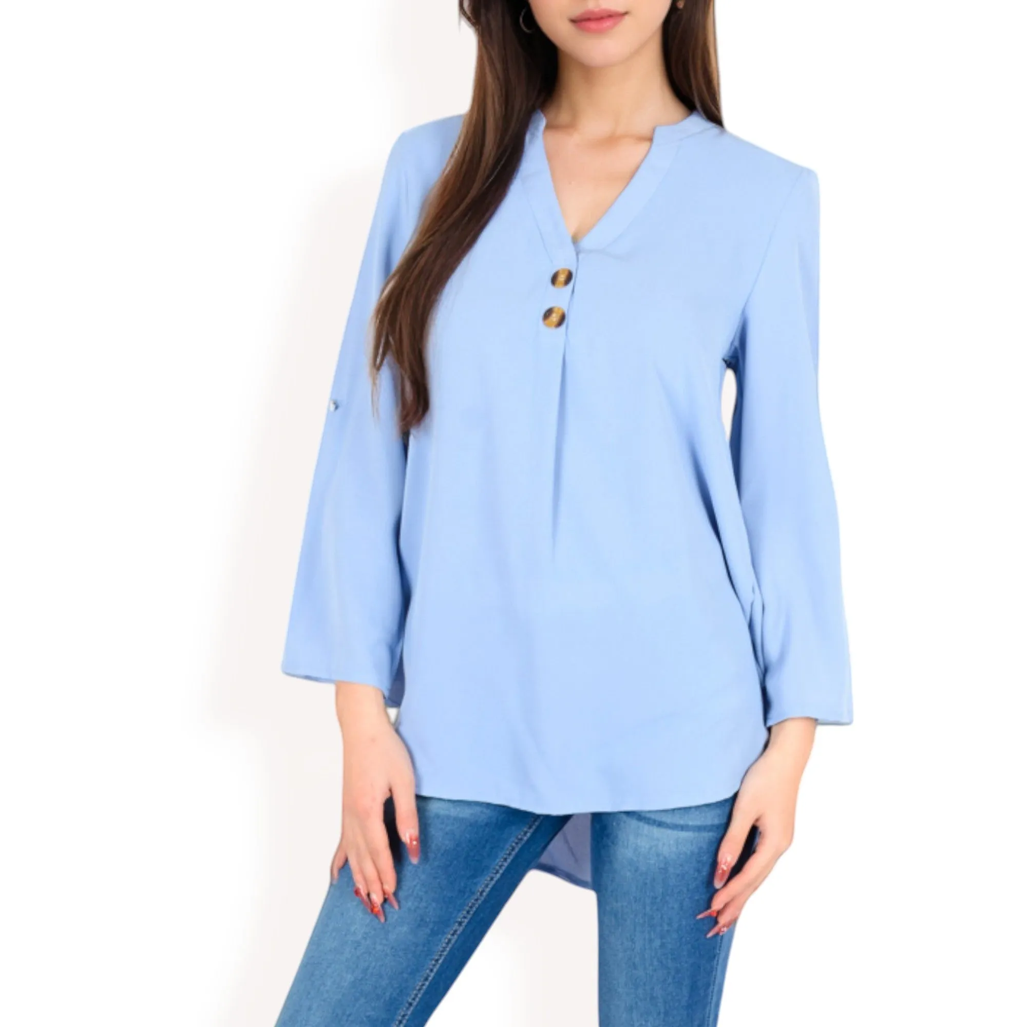 Anna-Kaci Women's V-Neck Blouse with Button Accents and Roll-Up Sleeves