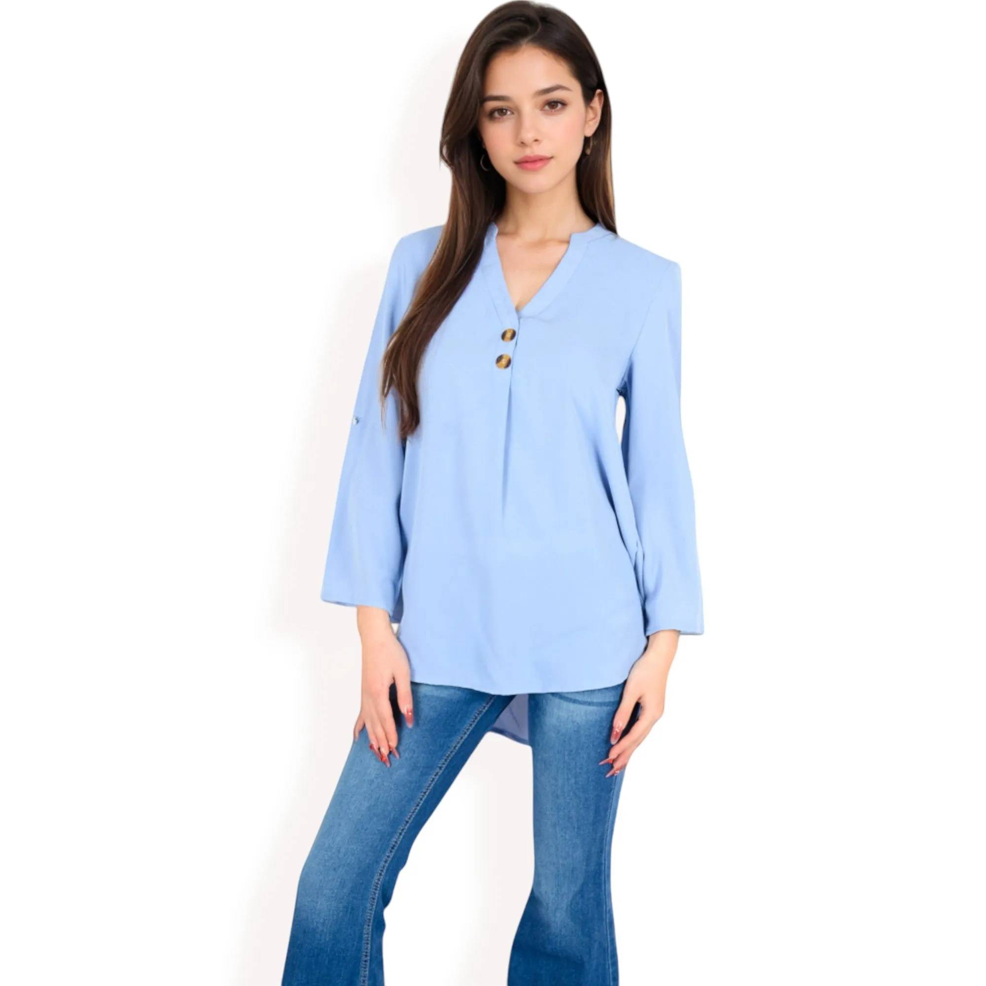 Anna-Kaci Women's V-Neck Blouse with Button Accents and Roll-Up Sleeves