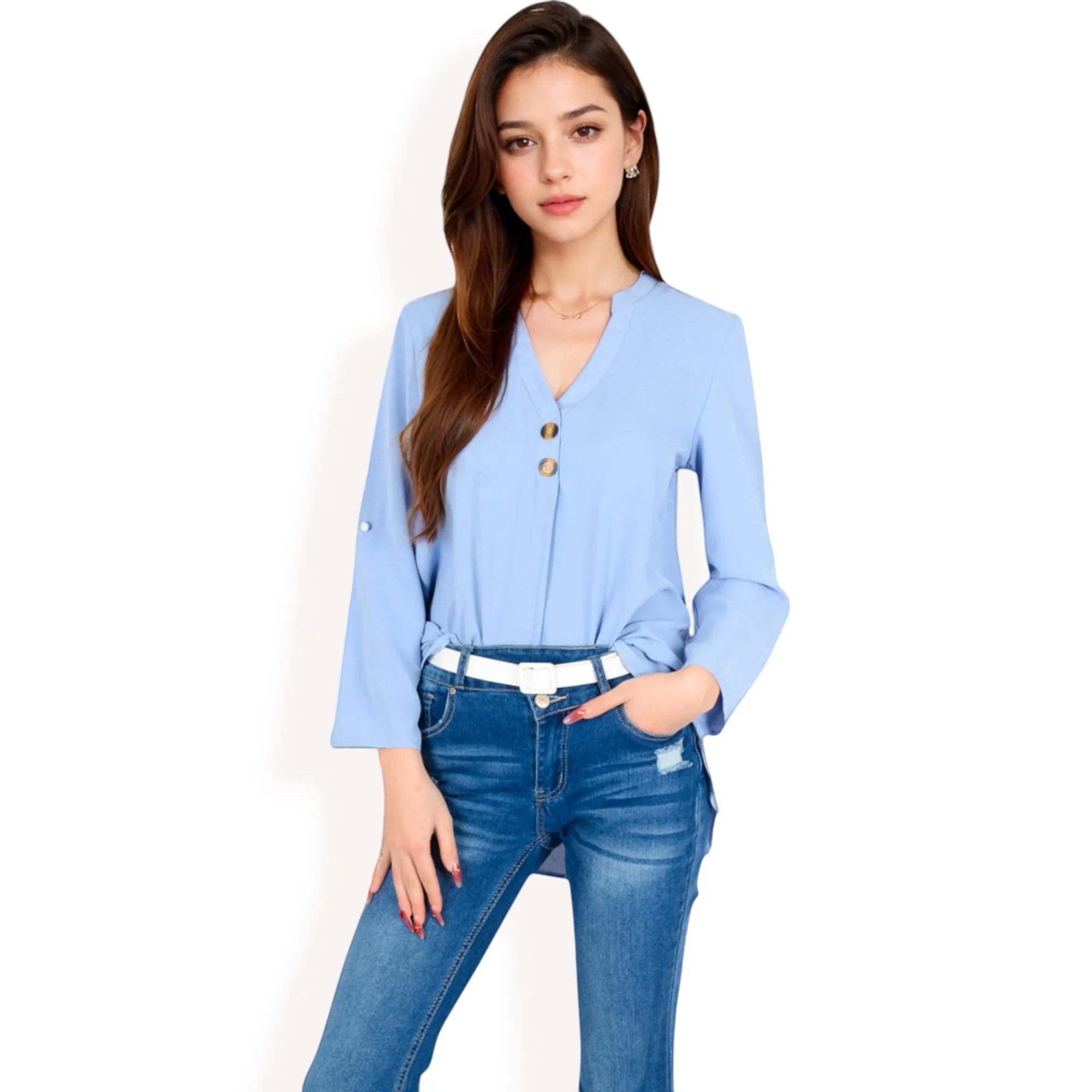 Anna-Kaci Women's V-Neck Blouse with Button Accents and Roll-Up Sleeves