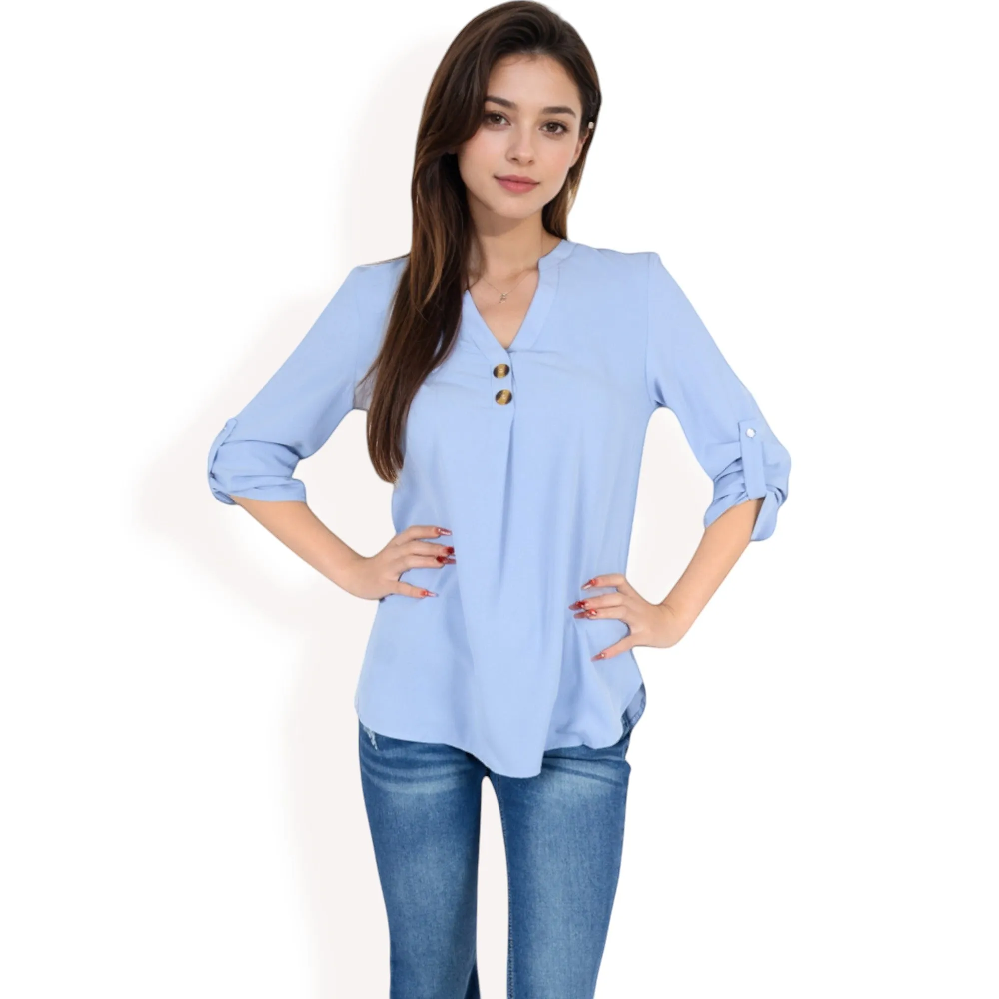 Anna-Kaci Women's V-Neck Blouse with Button Accents and Roll-Up Sleeves