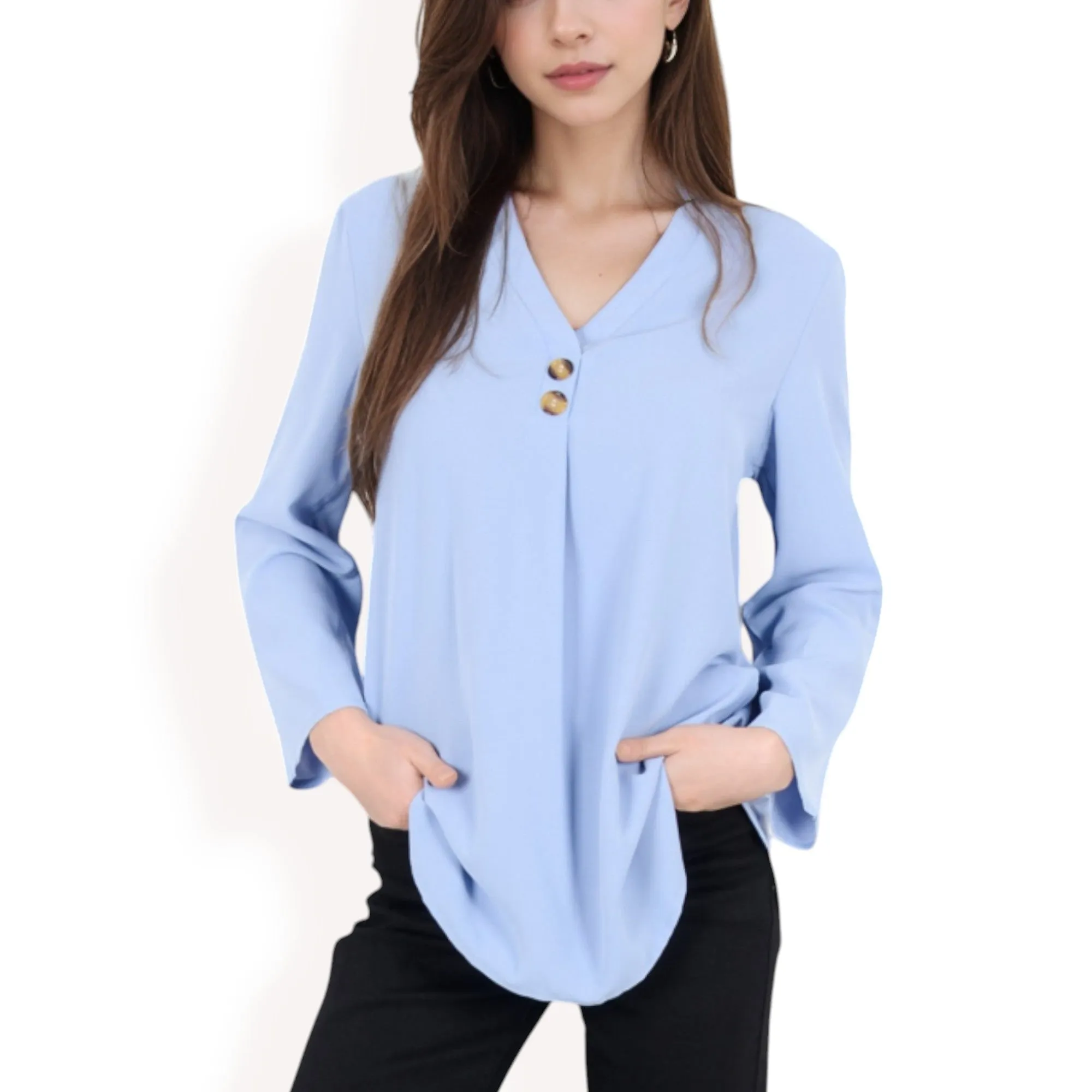 Anna-Kaci Women's V-Neck Blouse with Button Detail and Rolled Sleeves