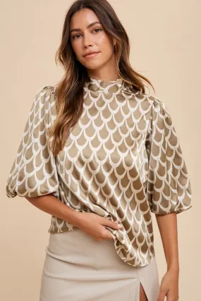 Annie Wear Tie Back Abstract Print Mock Neck Half Sleeve Blouse