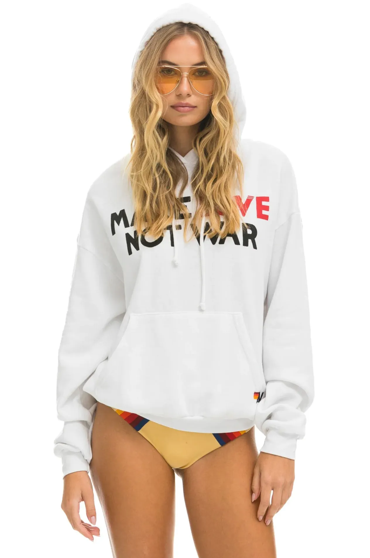 AVIATOR NATION MAKE LOVE NOT WAR RELAXED PULLOVER UNISEX HOODIE - WHITE