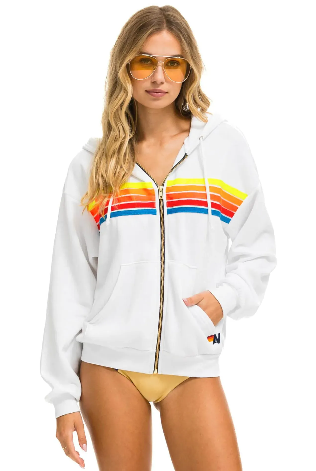 AVIATOR NATION UNISEX 5 STRIPE RELAXED ZIP HOODIE - WHITE/NEON RAINBOW