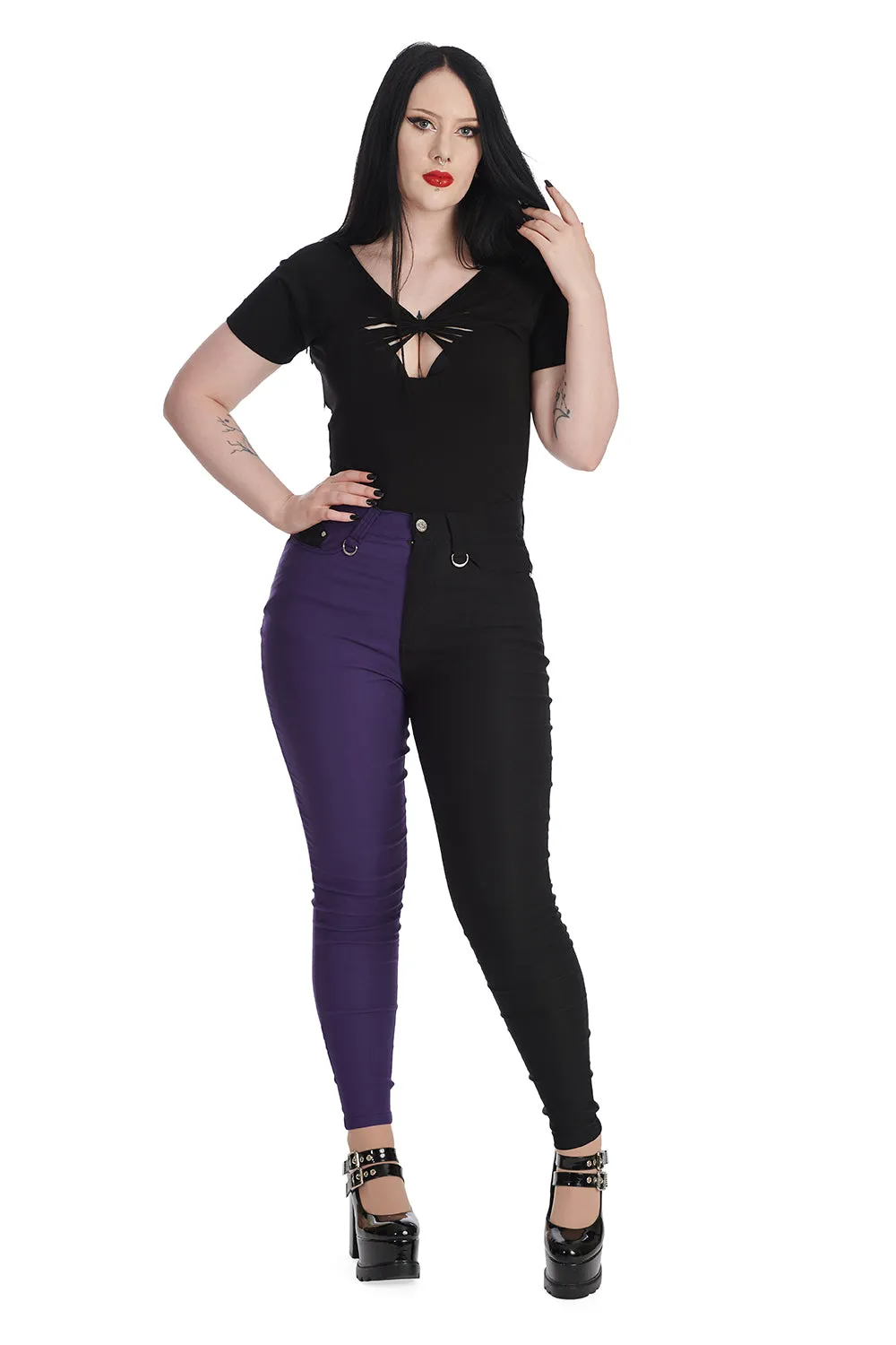 Banned Apparel - Bailey Half and Half Purple & Black Trousers