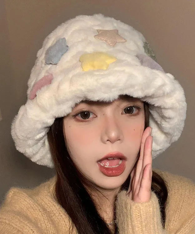 Beautiful White Patch Thick Warm Faux Fur Bucket Hat RS005