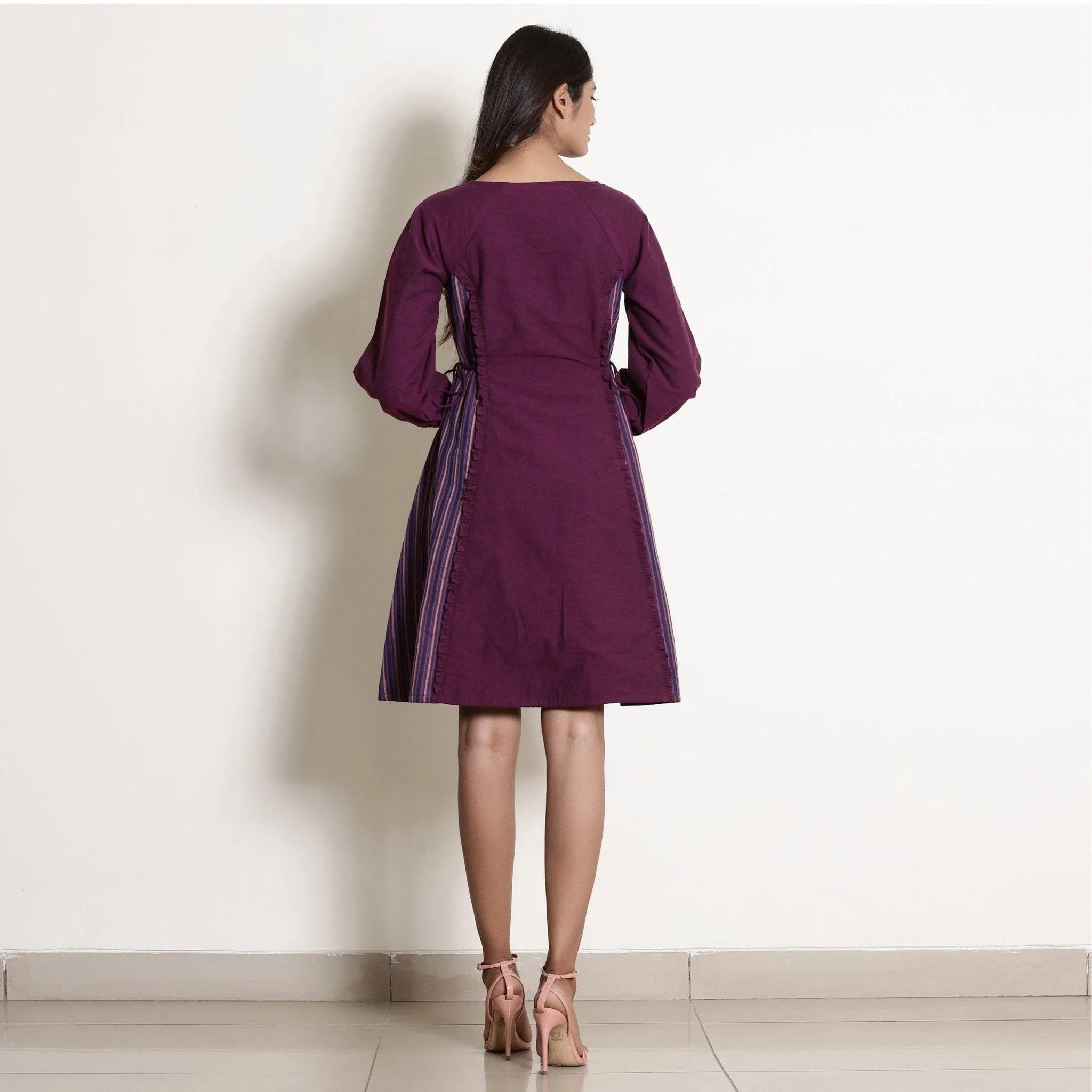 Berry Wine Warm Cotton Frilled Knee Length Dress