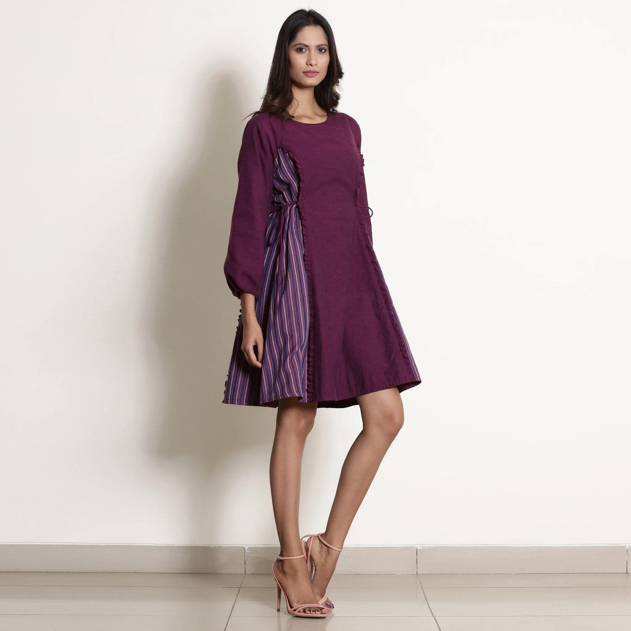 Berry Wine Warm Cotton Frilled Knee Length Dress