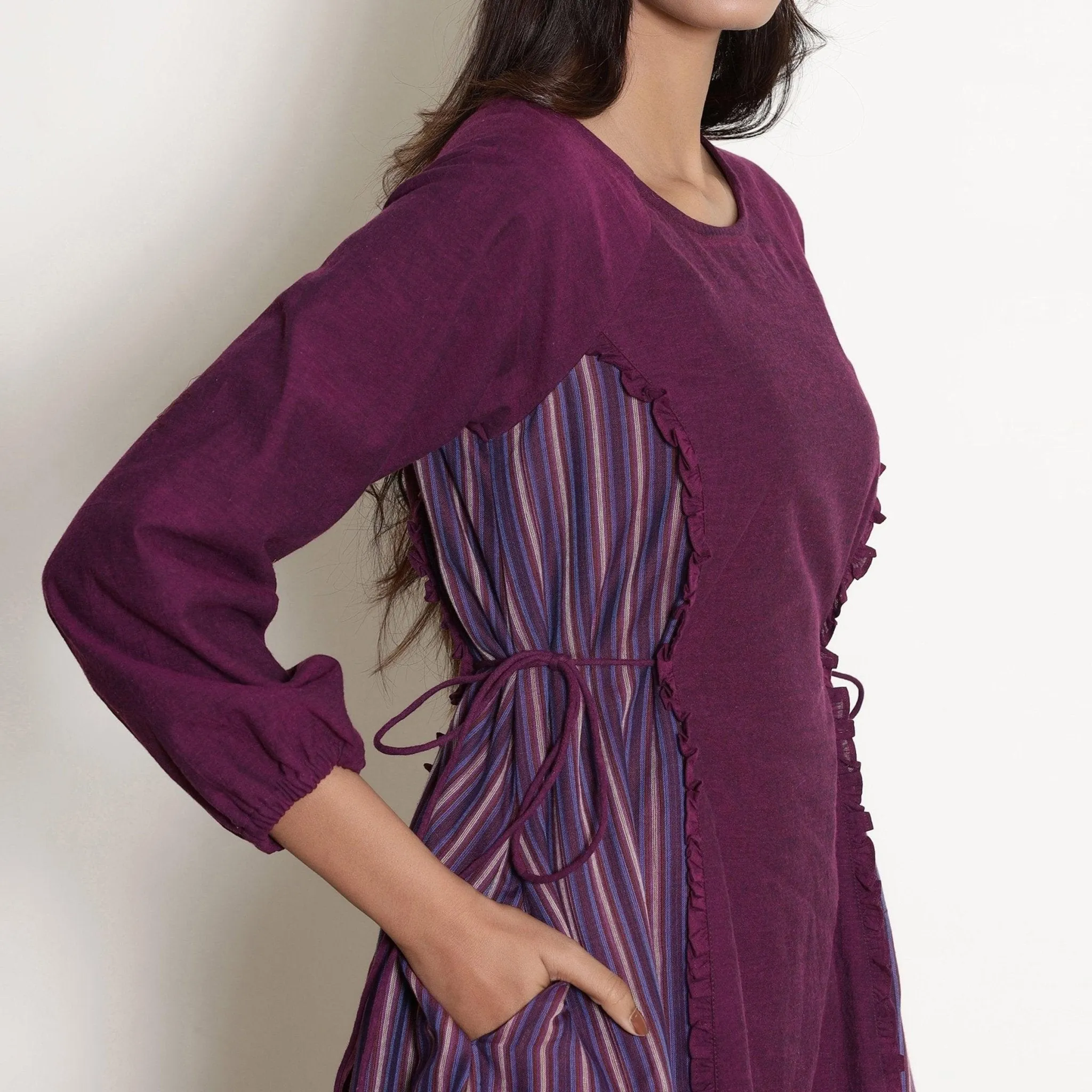 Berry Wine Warm Cotton Frilled Knee Length Dress