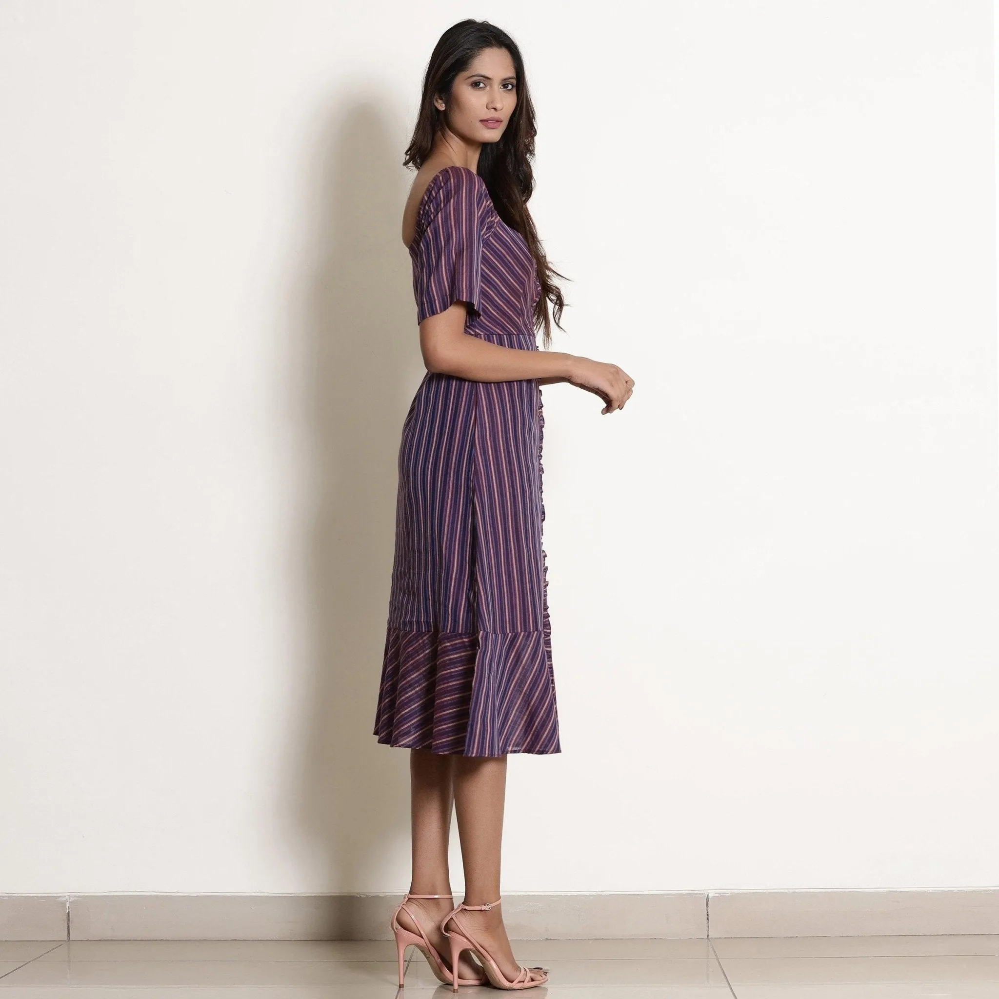 Berry Wine Warm Cotton Striped Midi Dress