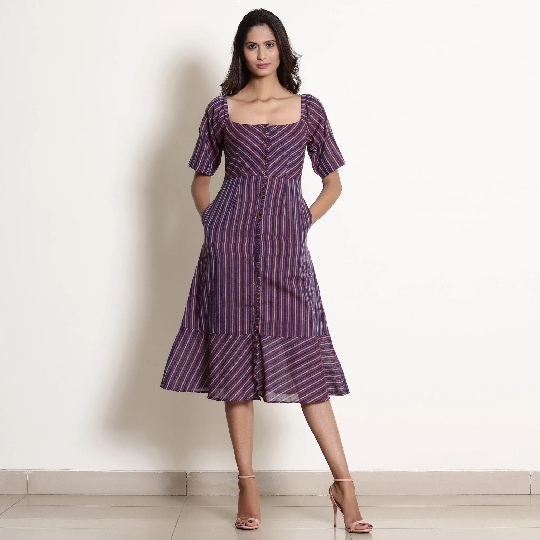 Berry Wine Warm Cotton Striped Midi Dress