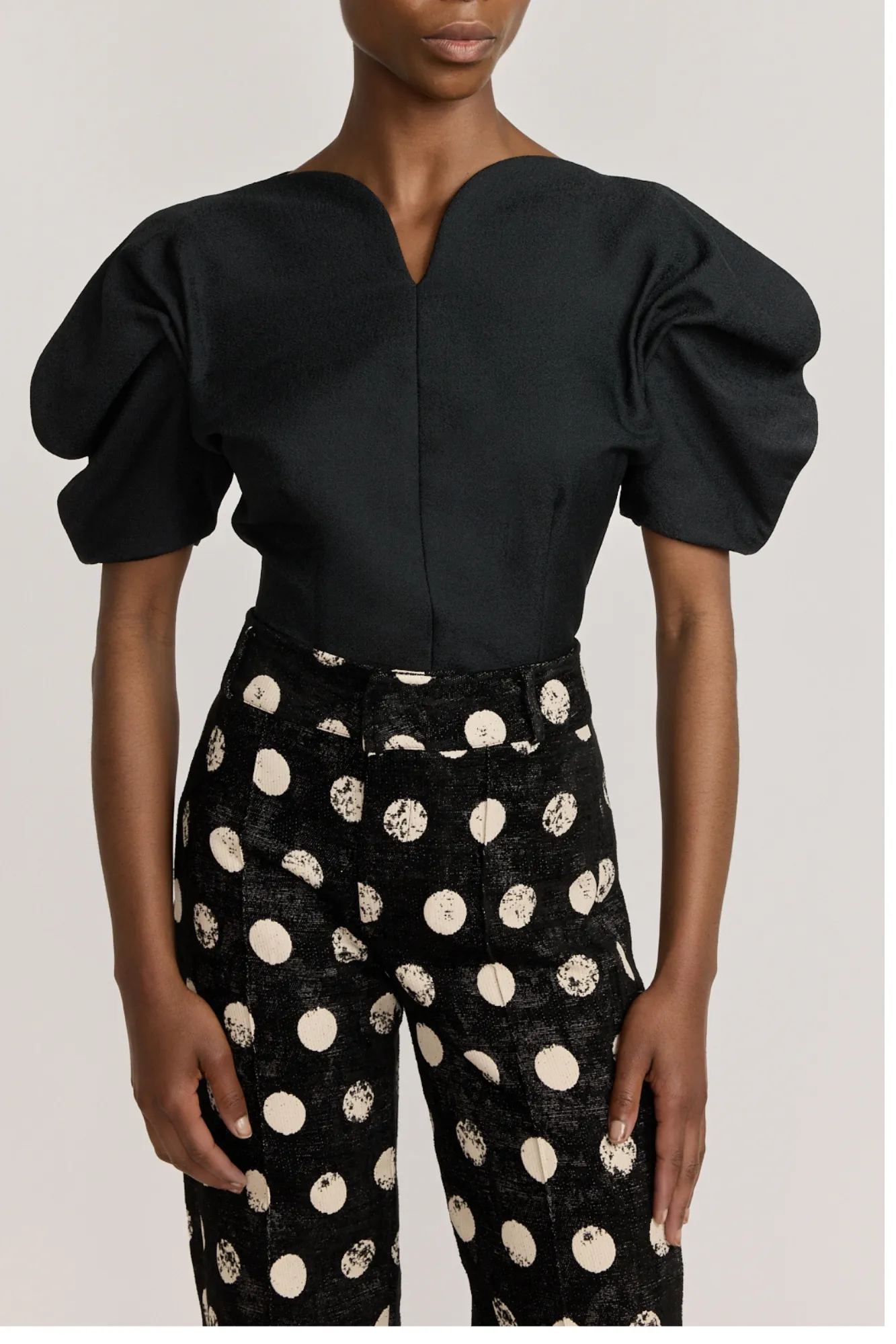 Black Crepe Top with Puff Sleeves