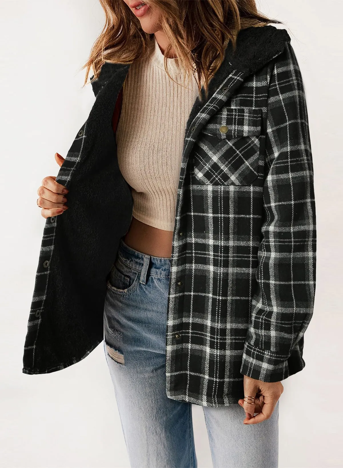 Black Light Fleece Jackets Women Plaid Shacket Long Sleeve Button Down  - Dokotoo