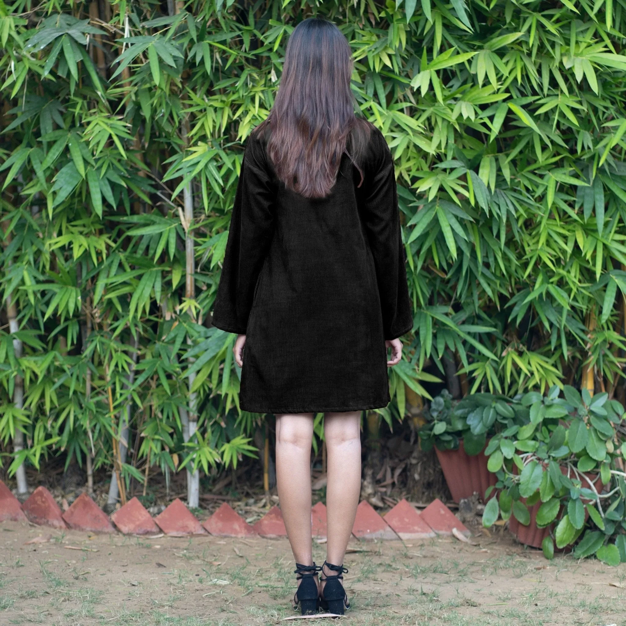 Black Warm Cotton Corduroy A-Line Short Dress