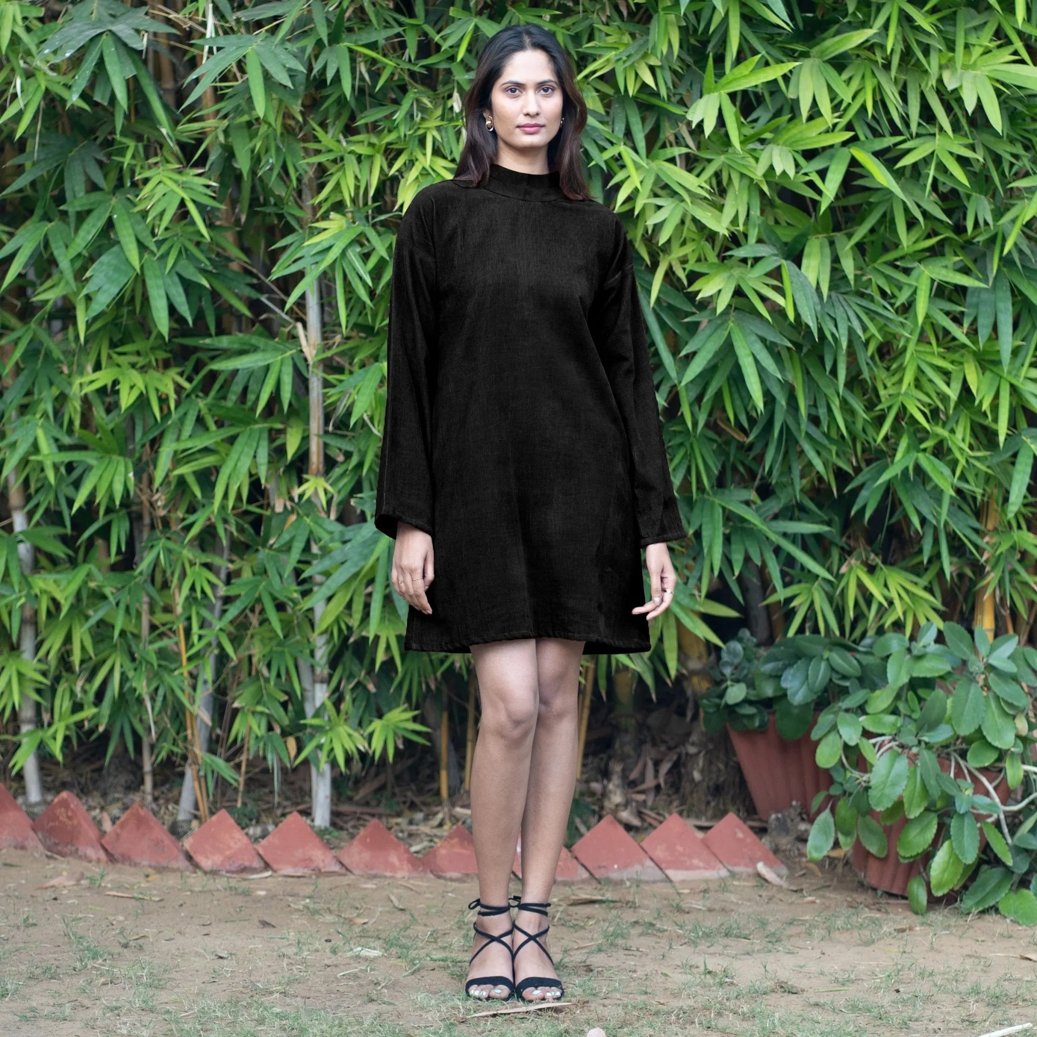 Black Warm Cotton Corduroy A-Line Short Dress