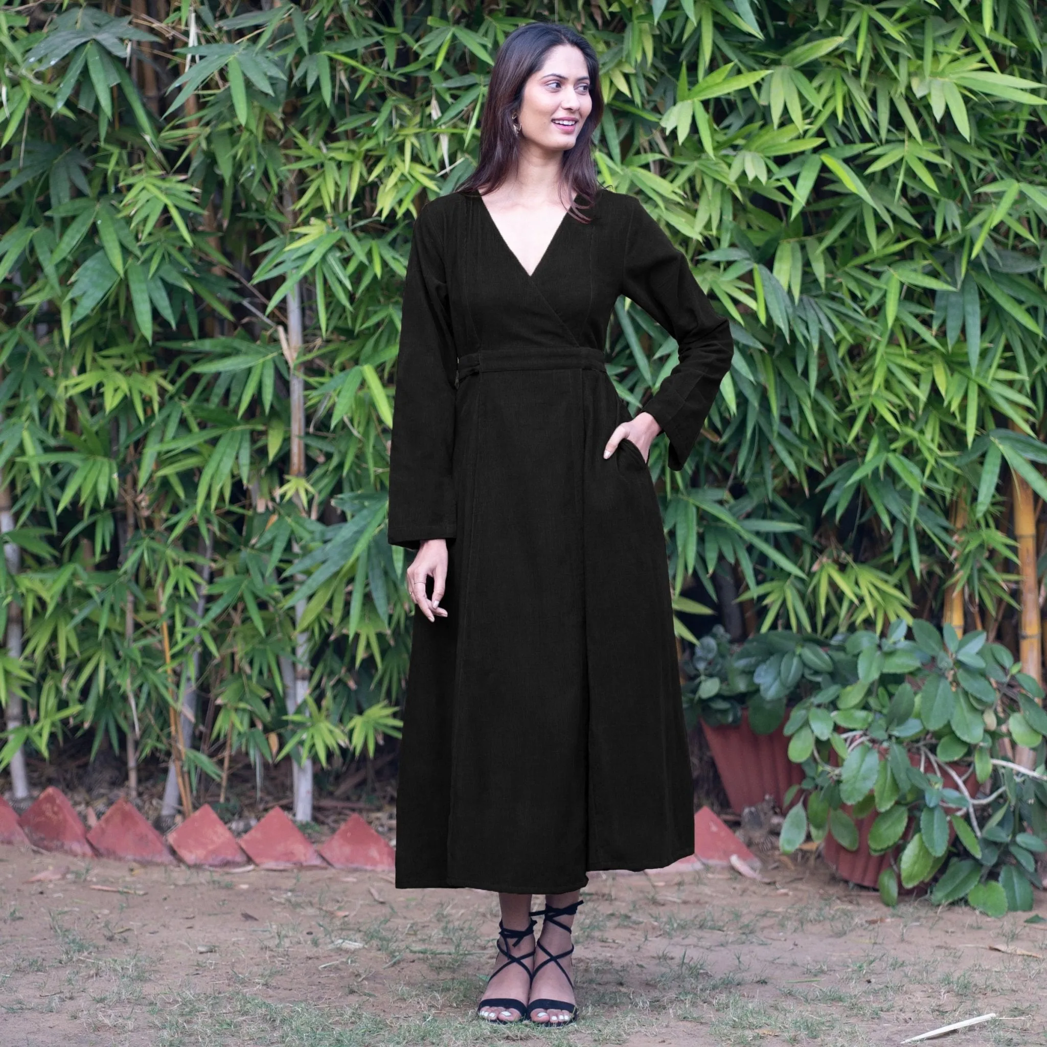 Black Warm Cotton Corduroy Deep Neck Midi Wrap Dress