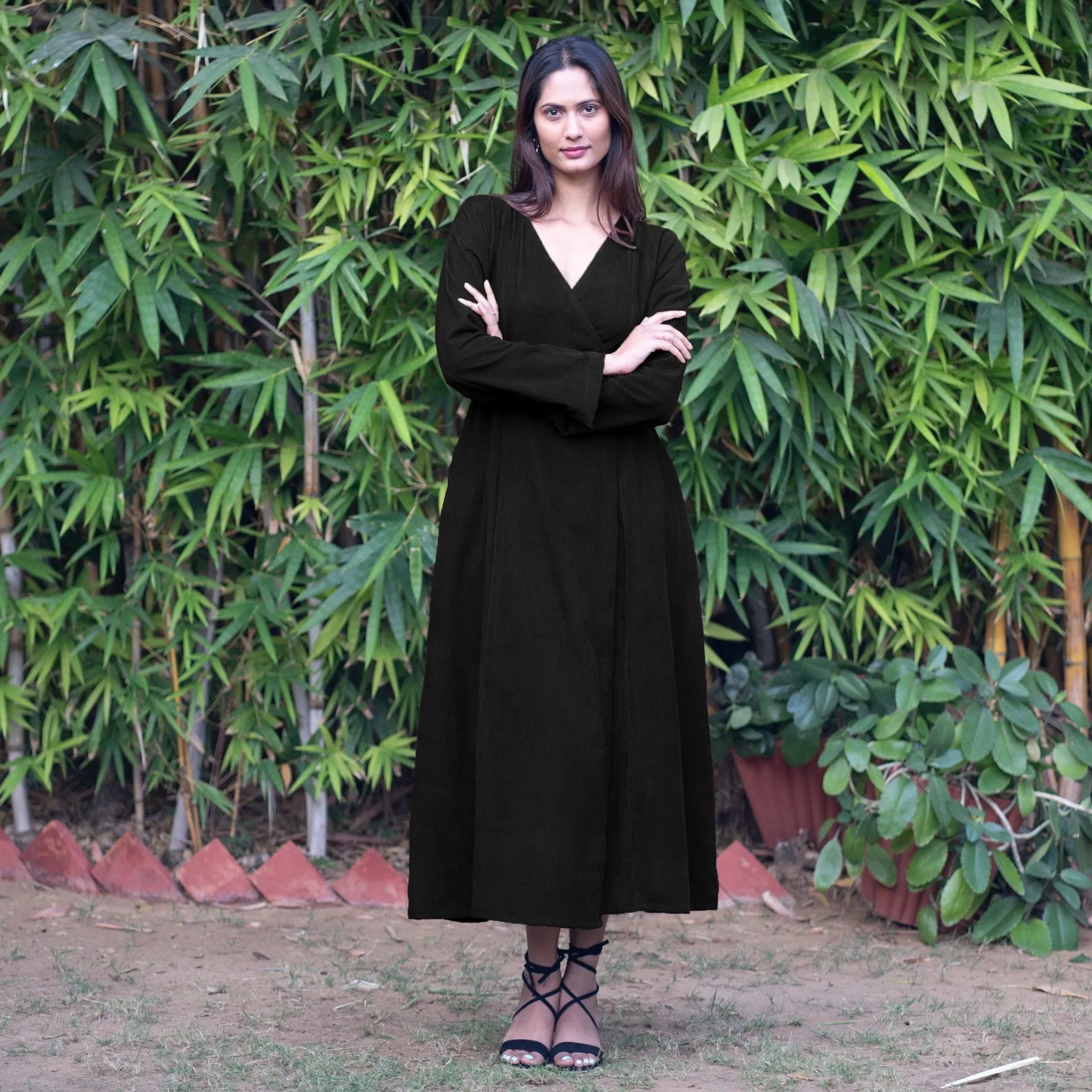 Black Warm Cotton Corduroy Deep Neck Midi Wrap Dress