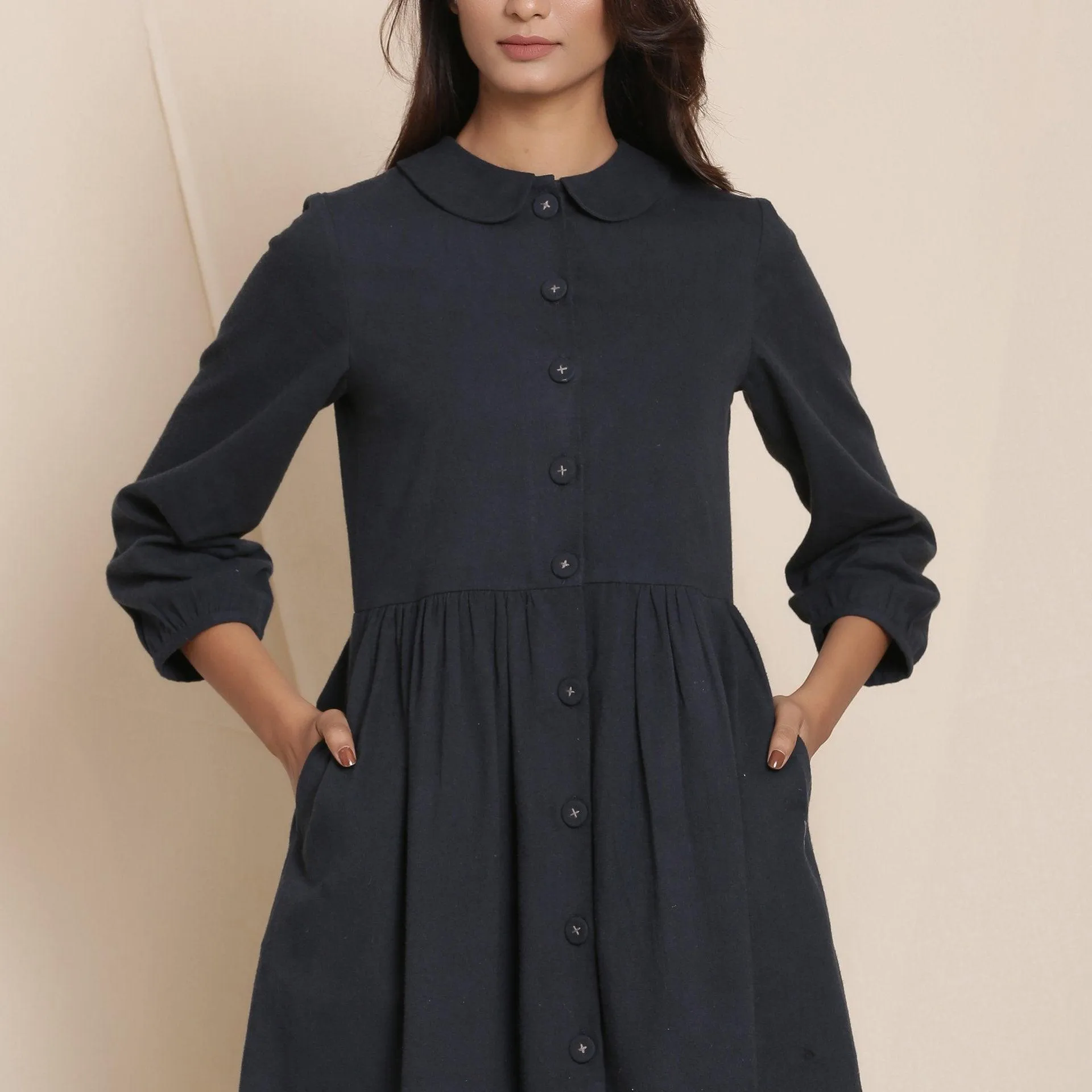 Black Warm Cotton Flannel Peter Pan Midi Dress