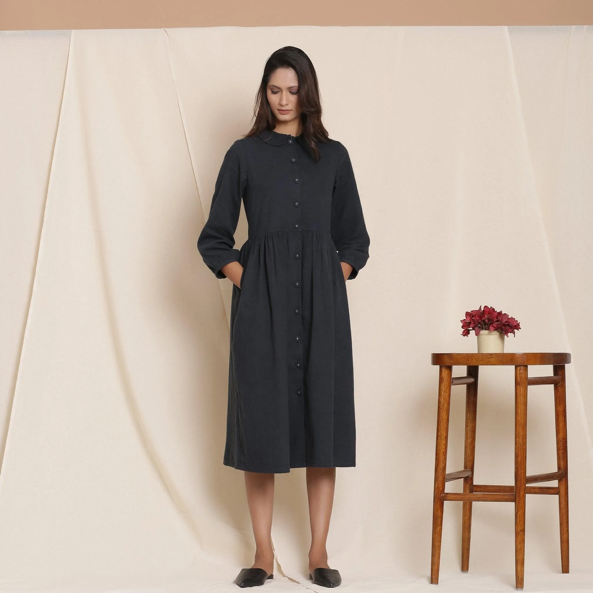 Black Warm Cotton Flannel Peter Pan Midi Dress