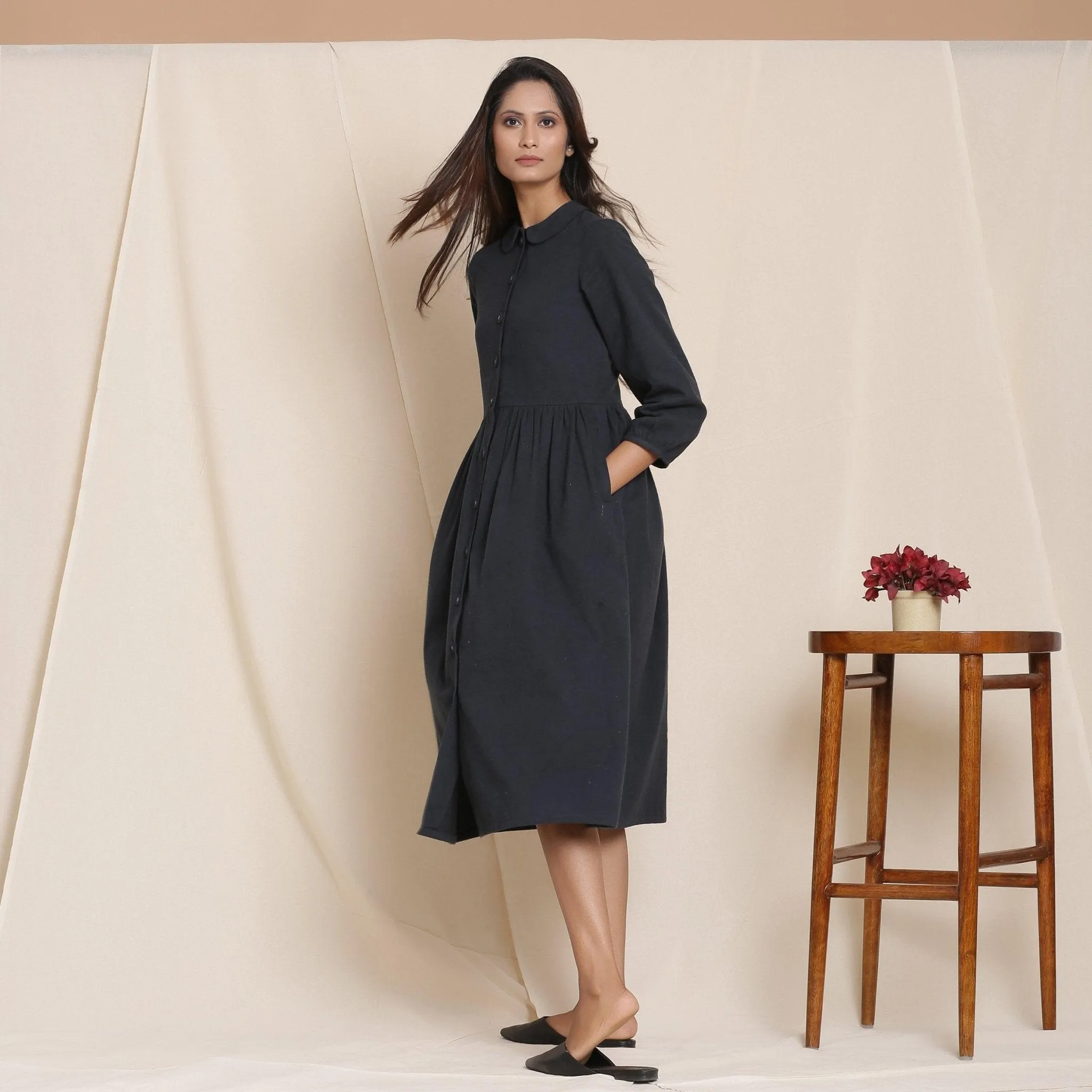 Black Warm Cotton Flannel Peter Pan Midi Dress