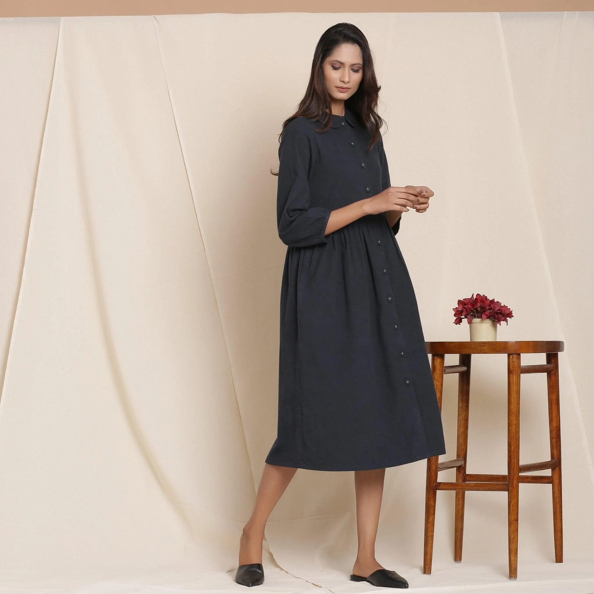 Black Warm Cotton Flannel Peter Pan Midi Dress