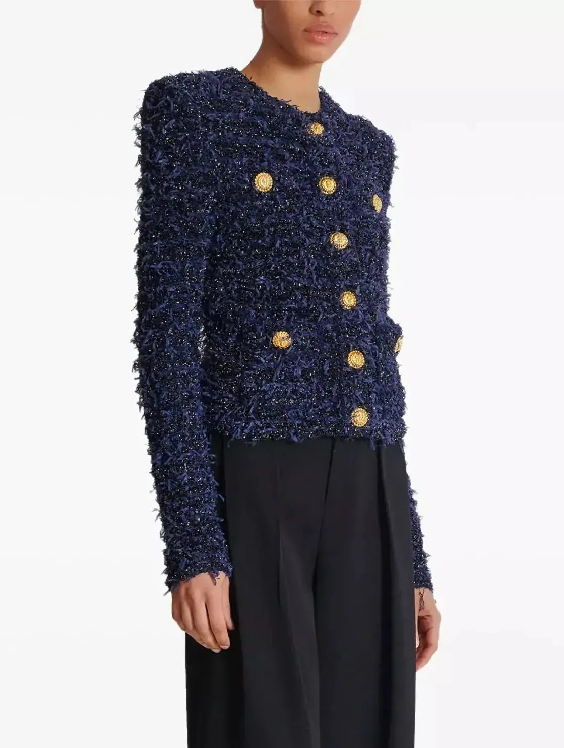 Blue and Black Tweed Knit Cardigan Jacket with Gold Buttons