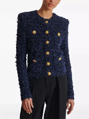 Blue and Black Tweed Knit Cardigan Jacket with Gold Buttons