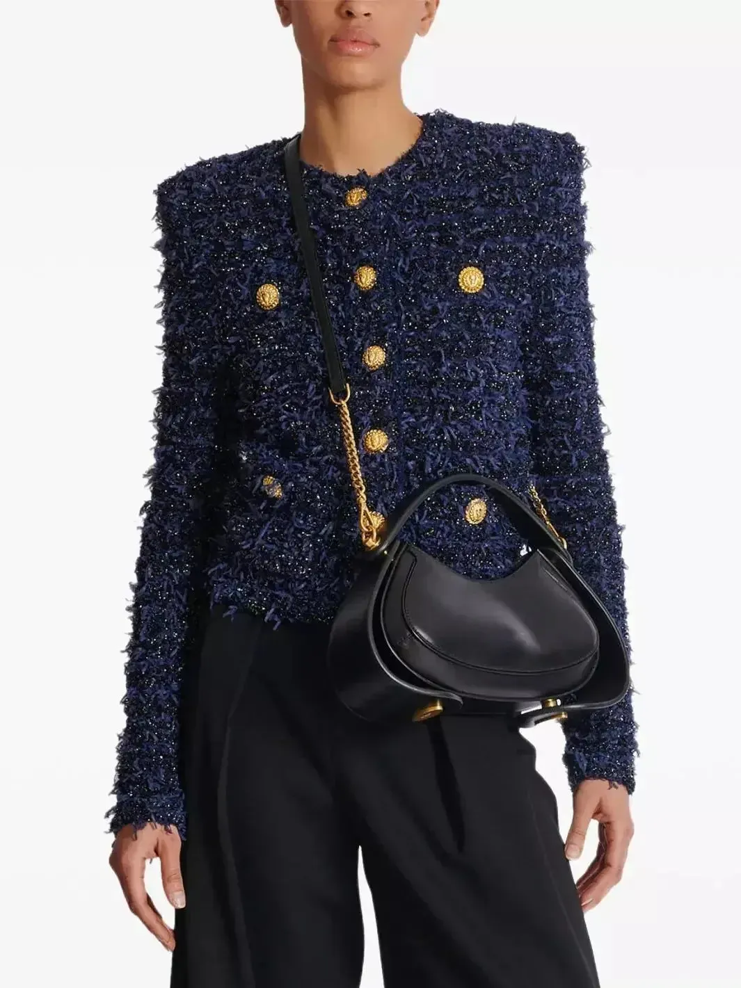 Blue and Black Tweed Knit Cardigan Jacket with Gold Buttons