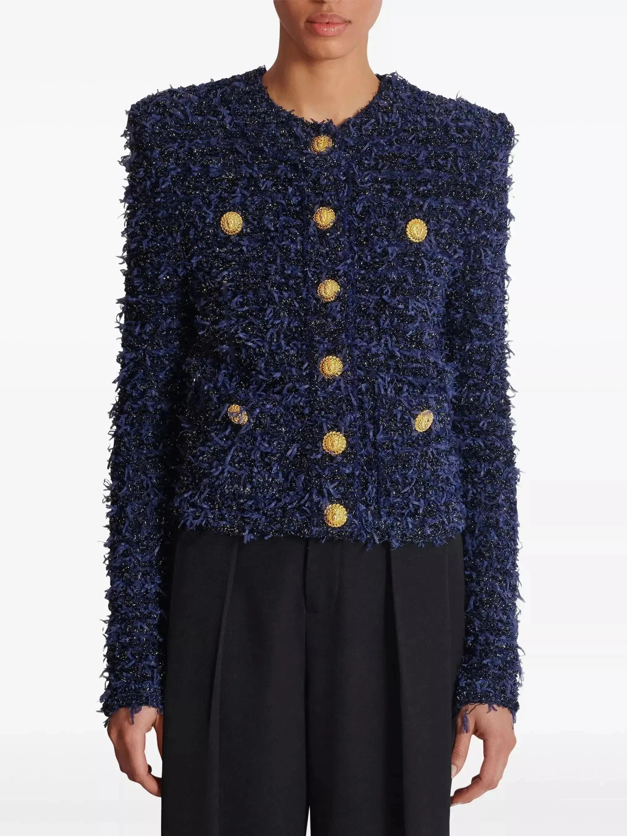 Blue and Black Tweed Knit Cardigan Jacket with Gold Buttons