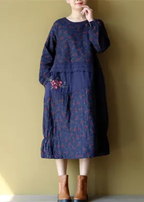 blue floral cotton warm dresses plus size embroidery linen casual long sleeve patchwork dresses