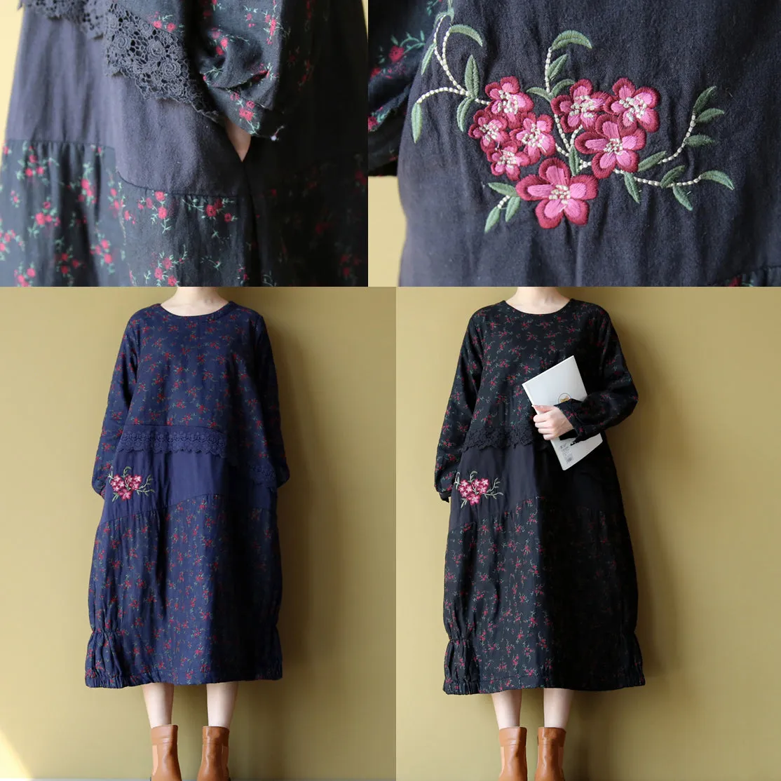 blue floral cotton warm dresses plus size embroidery linen casual long sleeve patchwork dresses