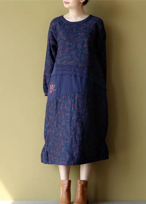 blue floral cotton warm dresses plus size embroidery linen casual long sleeve patchwork dresses