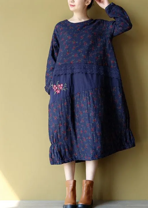 blue floral cotton warm dresses plus size embroidery linen casual long sleeve patchwork dresses