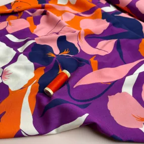 Bold Blooms on Purple Stretch Viscose Poplin Fabric