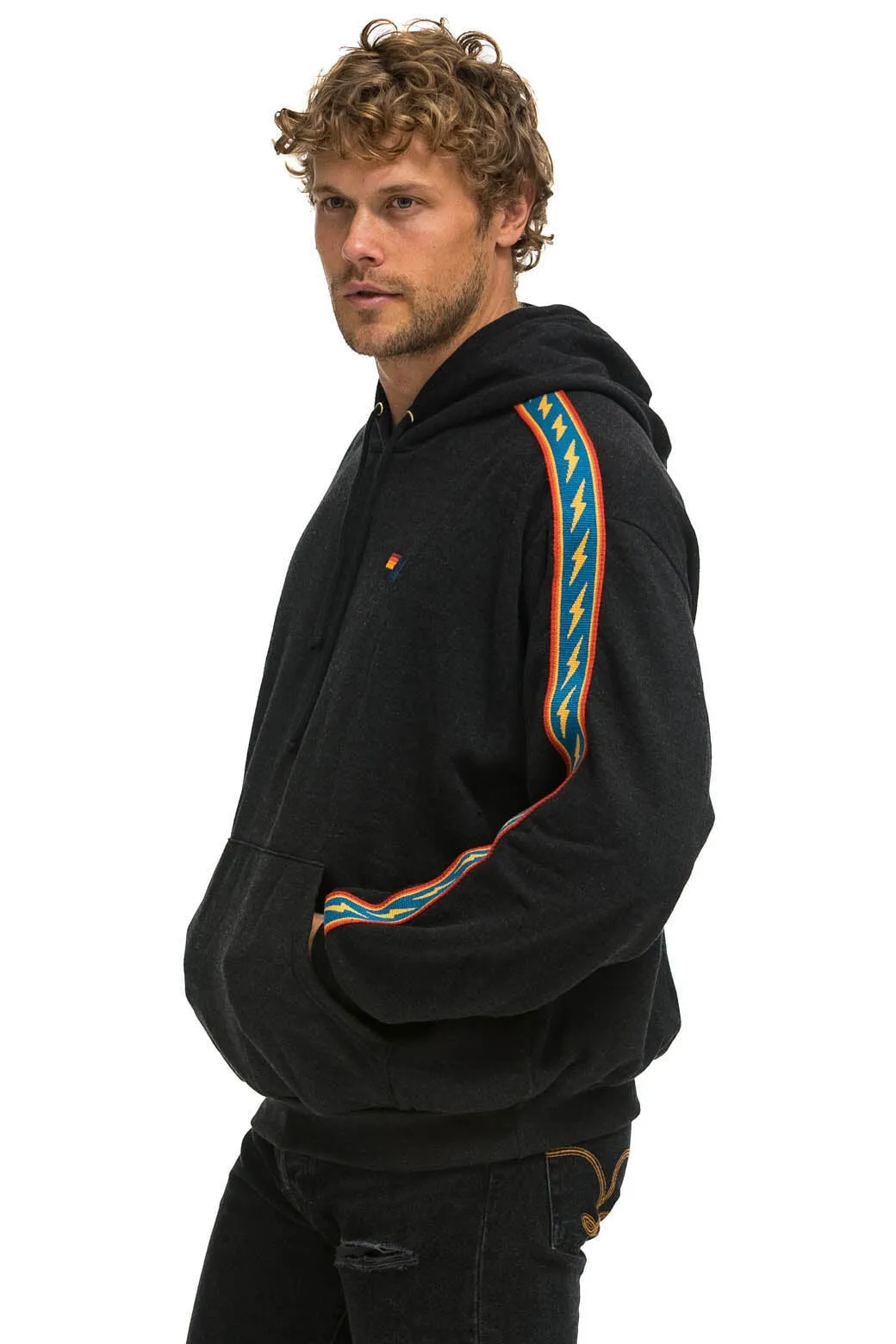 BOLT STRIPE RELAXED PULLOVER HOODIE - BLACK