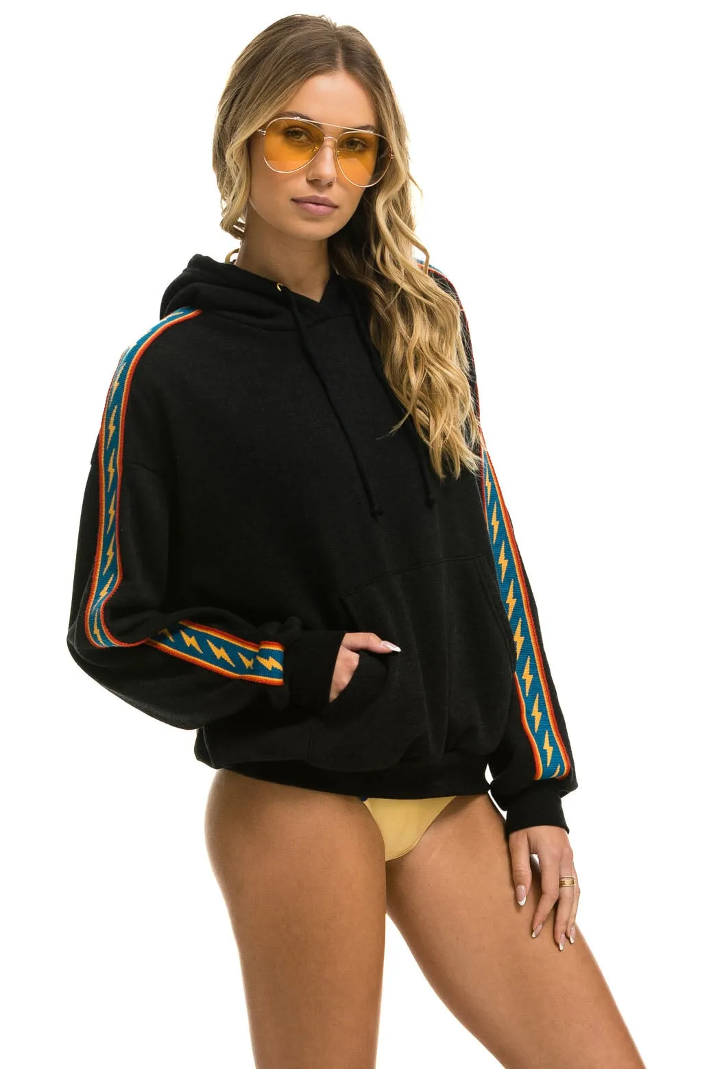 BOLT STRIPE RELAXED PULLOVER HOODIE - BLACK