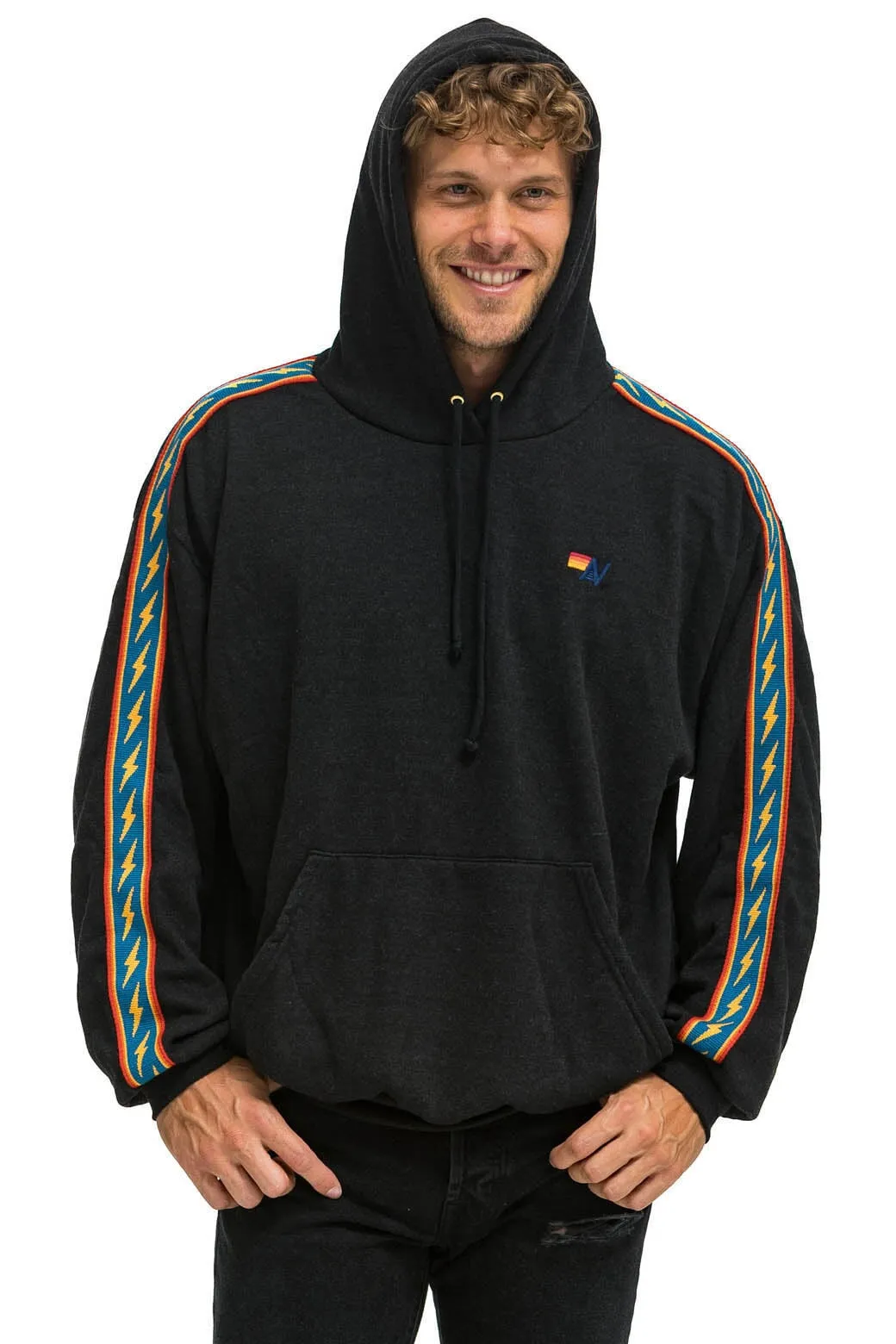 BOLT STRIPE RELAXED PULLOVER HOODIE - BLACK