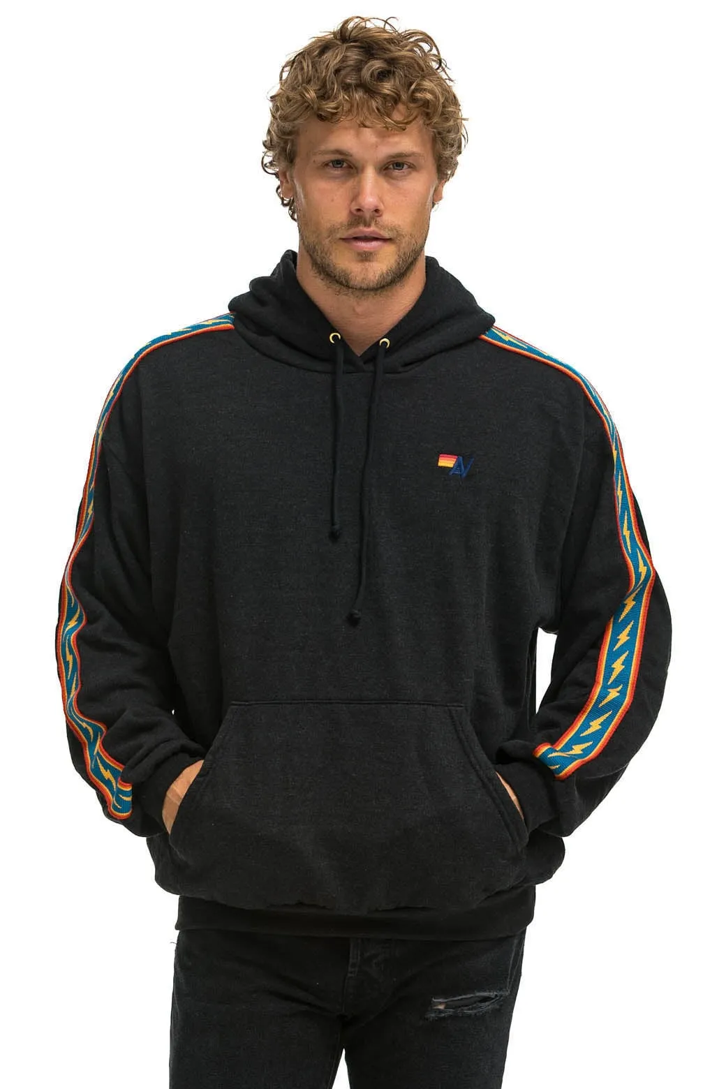 BOLT STRIPE RELAXED PULLOVER HOODIE - BLACK