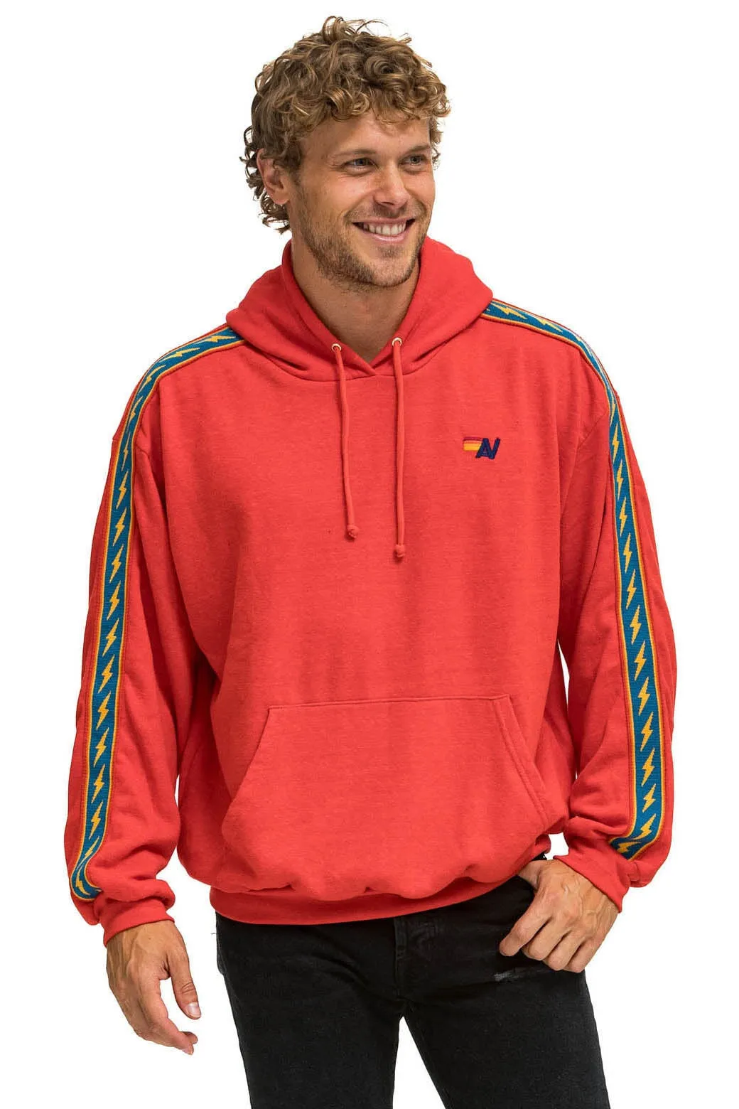 BOLT STRIPE RELAXED PULLOVER HOODIE - RED