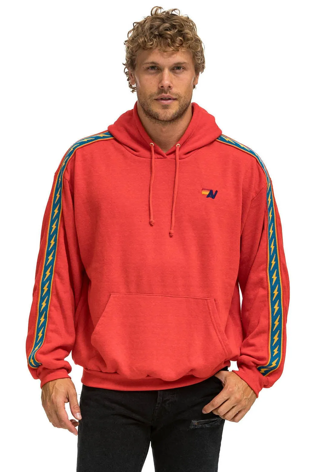 BOLT STRIPE RELAXED PULLOVER HOODIE - RED