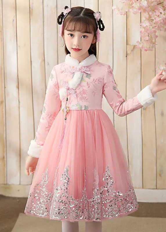 Boutique Pink Fur Collar Tulle Patchwork Warm Fleece Girls Maxi Dresses Winter ML0055