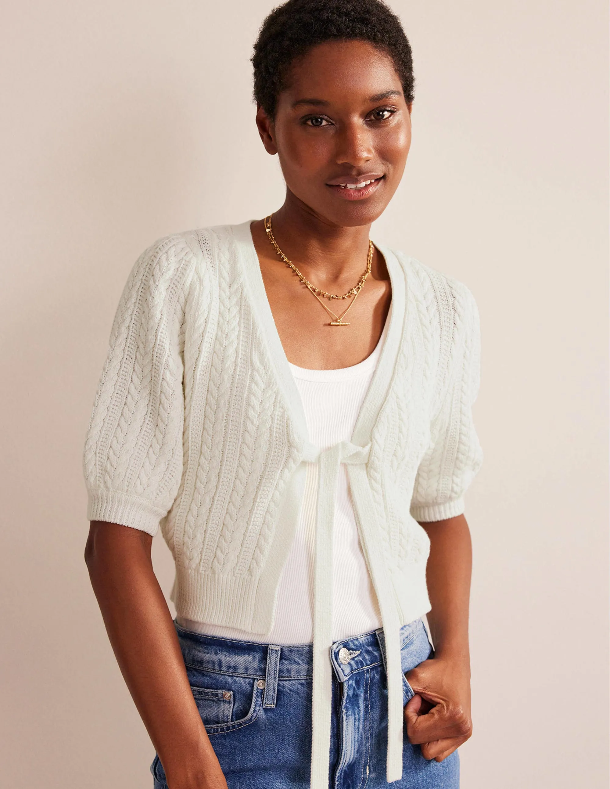 Bow-Trim Cropped Cardigan-Warm Ivory