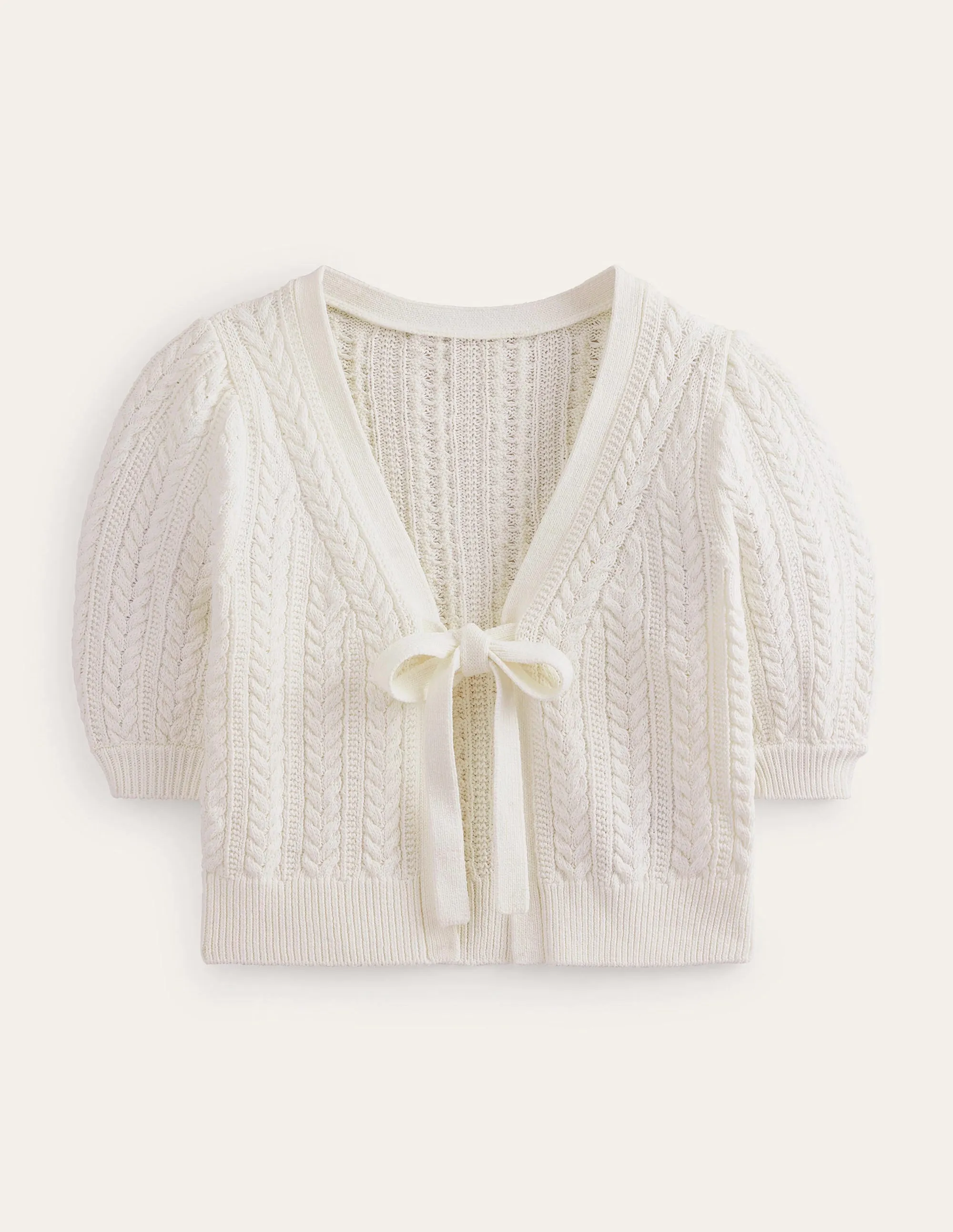 Bow-Trim Cropped Cardigan-Warm Ivory