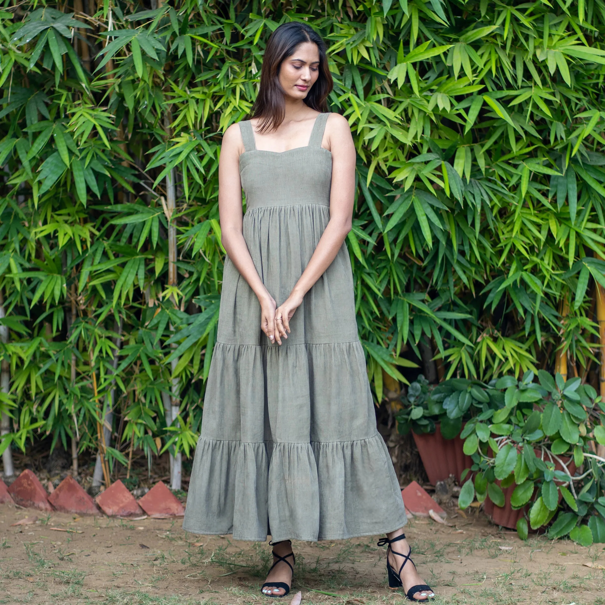 Bronze Grey Warm Cotton Corduroy Gathered Maxi Tier Dress