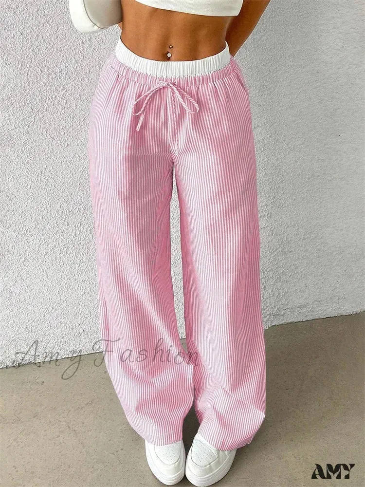 Casual Striped Woven Wide Fall Winter Stylish Full Length Y2K Trouser